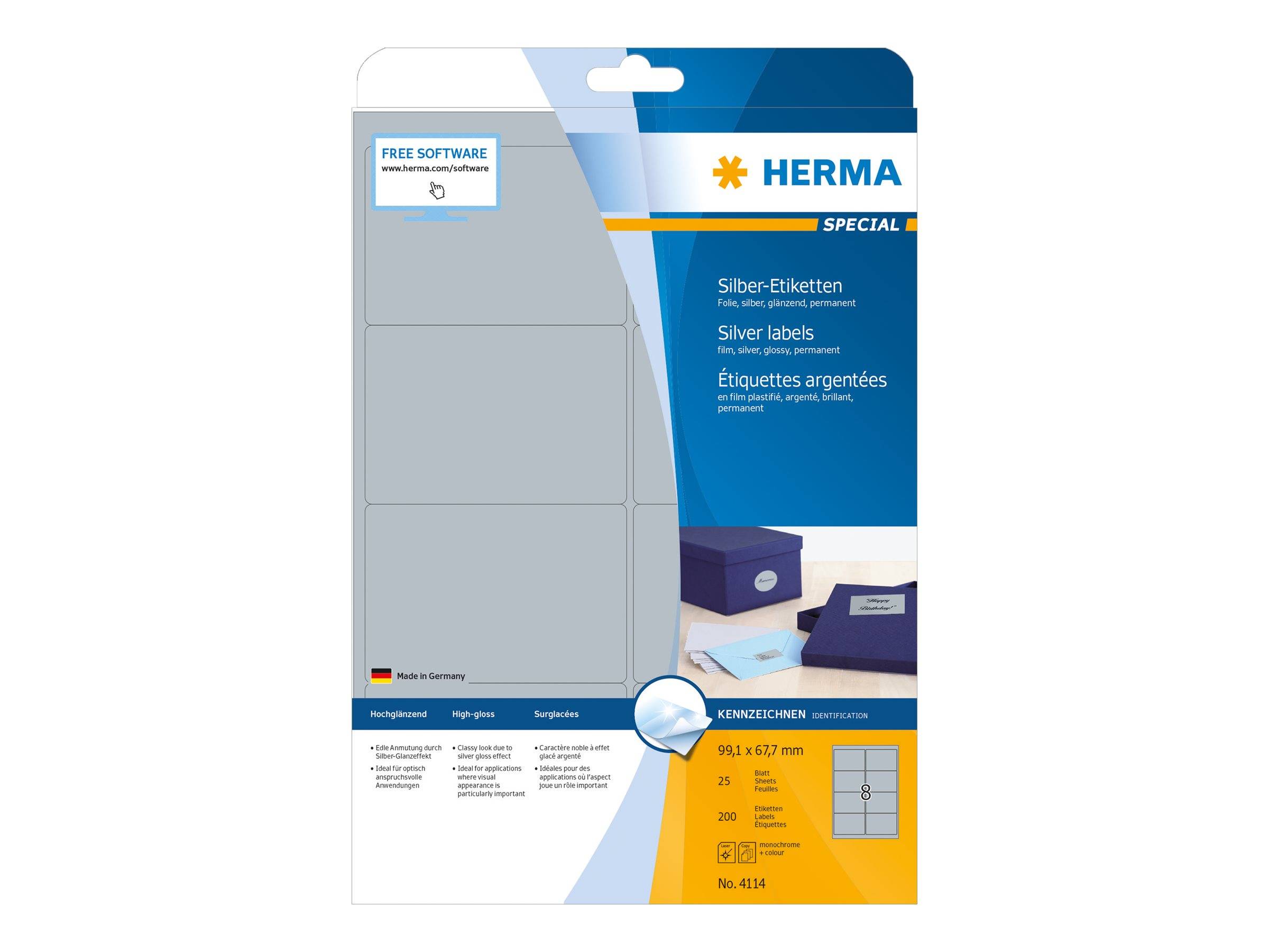 Packung mit HERMA Spezial-Silberetikett, zeigt leere silberne Klebeetikettblätter zum Drucken oder Schreiben von Hand, mit Produktdetails und Größeninformationen auf der Vorderseite.