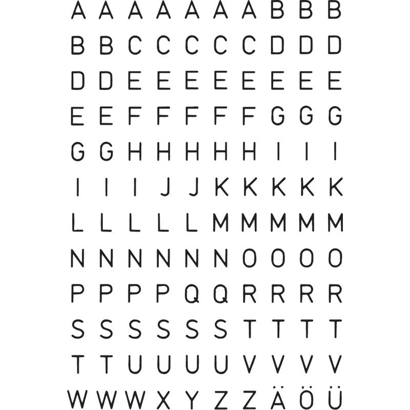 Gitter mit großen Alphabetbuchstaben in Reihen, zeigt wiederholtes A–Z und Umlaute Ä, Ö, Ü am Ende.