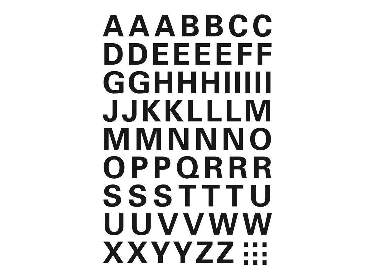 Schwarze, fette Großbuchstaben des Alphabets in Reihen von A bis Z angeordnet, mit wiederholten Buchstaben auf weißem Hintergrund.