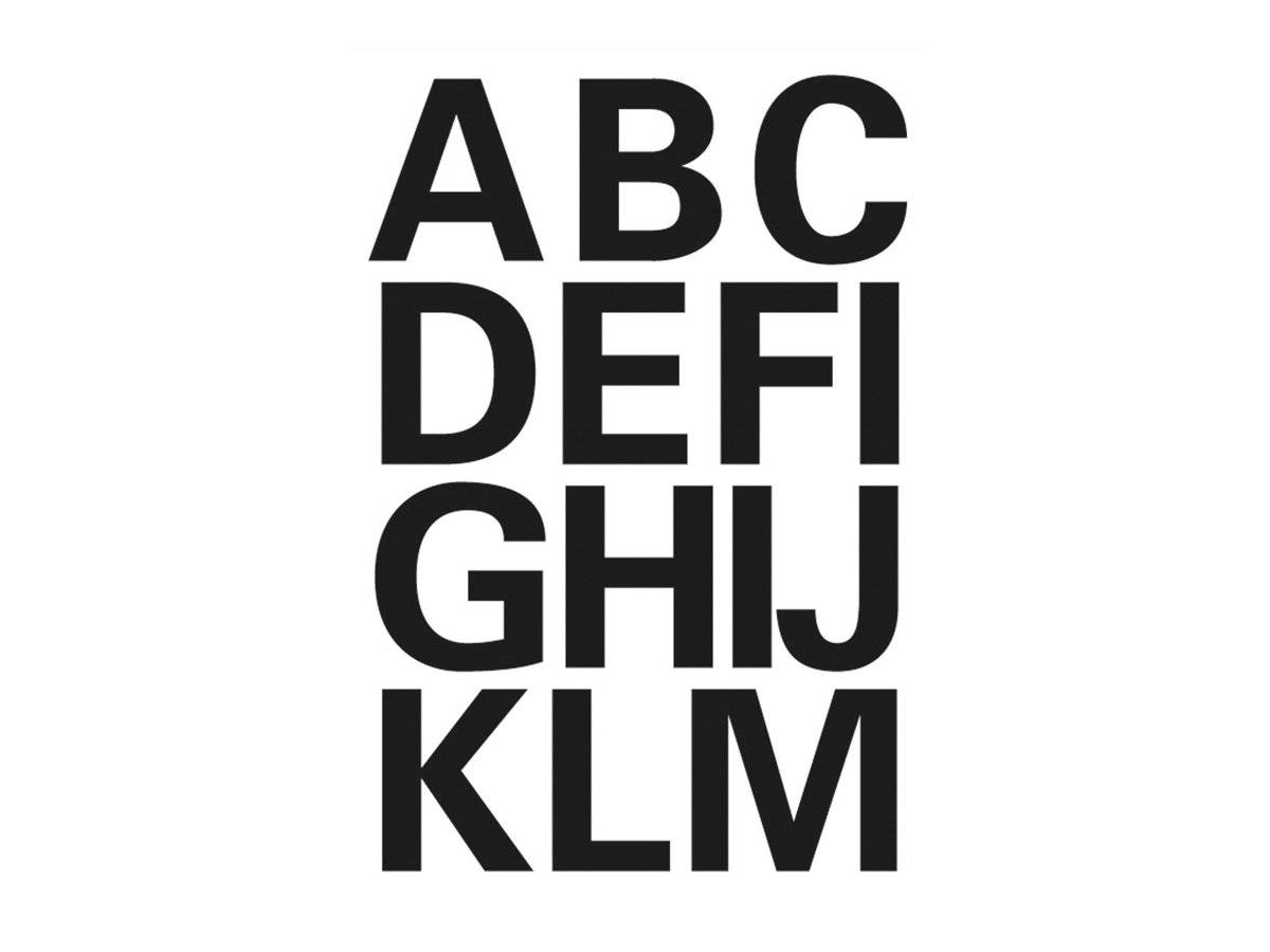 Fettgedruckte schwarze Buchstaben, die in vier zentrierten Reihen angeordnet sind: ABC, DEFI, GHIJ und KLM auf weißem Hintergrund.