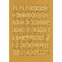 Goldegeprägtes Alphabet-Diagramm mit Groß- und Kleinbuchstaben A-Z und Satzzeichen auf beigem Hintergrund.