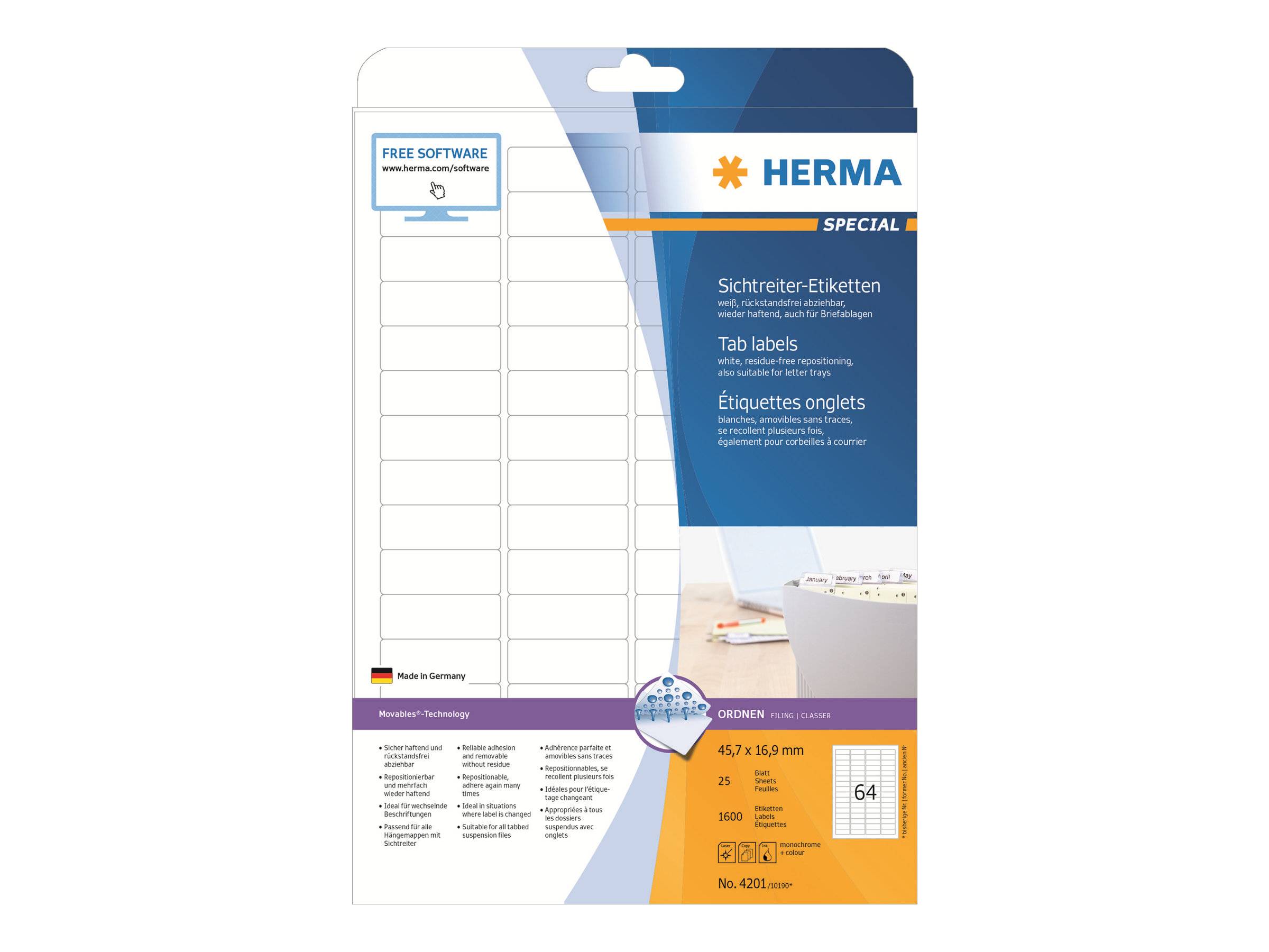Verpackung für HERMA Spezial-Reiter-Etiketten mit weißen Blanko-Etikett-Blättern und Produktdetails einschließlich Größe 45,7 x 16,9 mm und 64 Etiketten pro Packung.