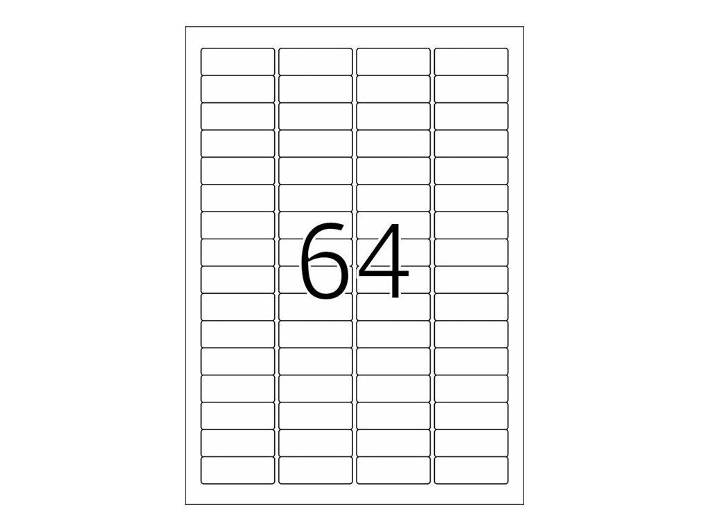 Eine leere Gitter-Etikettenschablone mit 64 in großem Text zentriert, zeigt ein Blatt mit gleichmäßig verteilten rechteckigen Zellen.