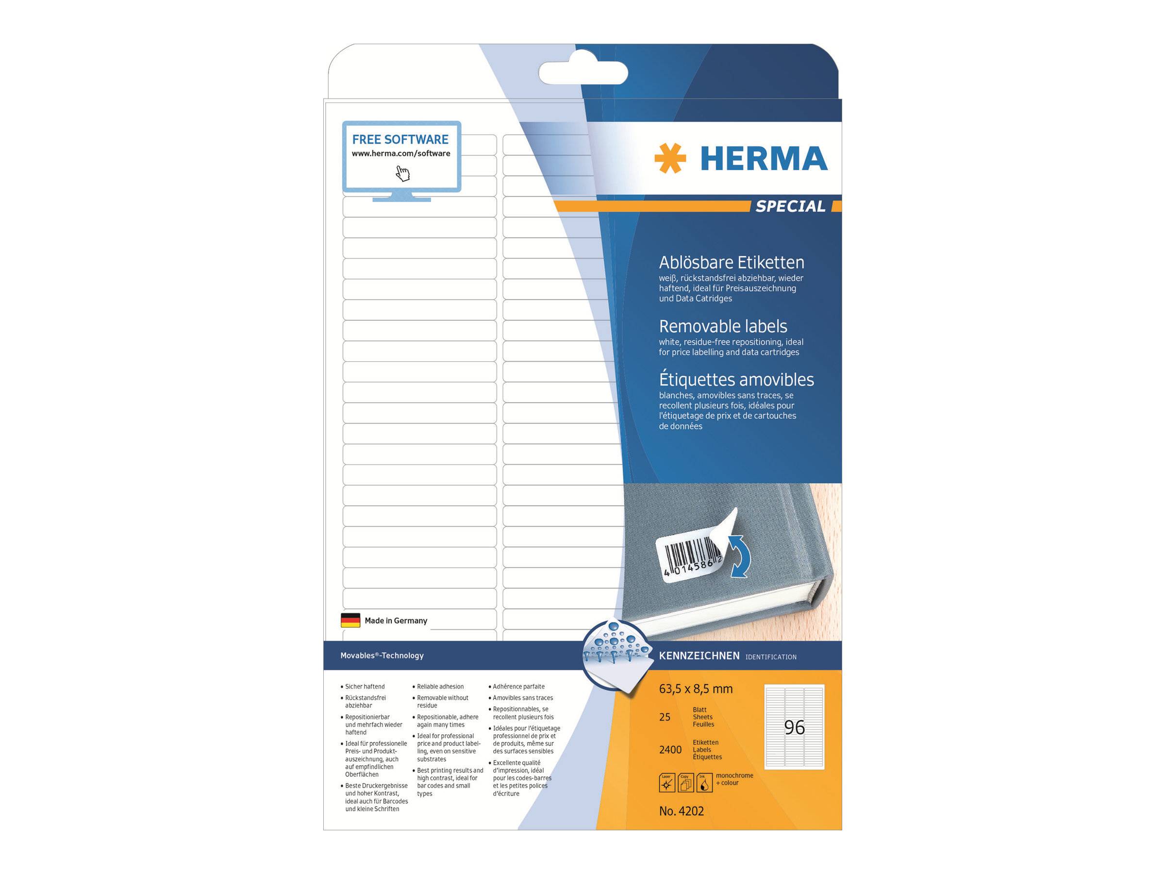 HERMA Special - Papier - matt - selbstklebend, entfernbarer Klebstoff - weiß - 63.5 x 8.5 mm 2400 Etikett(en) (25 Bogen