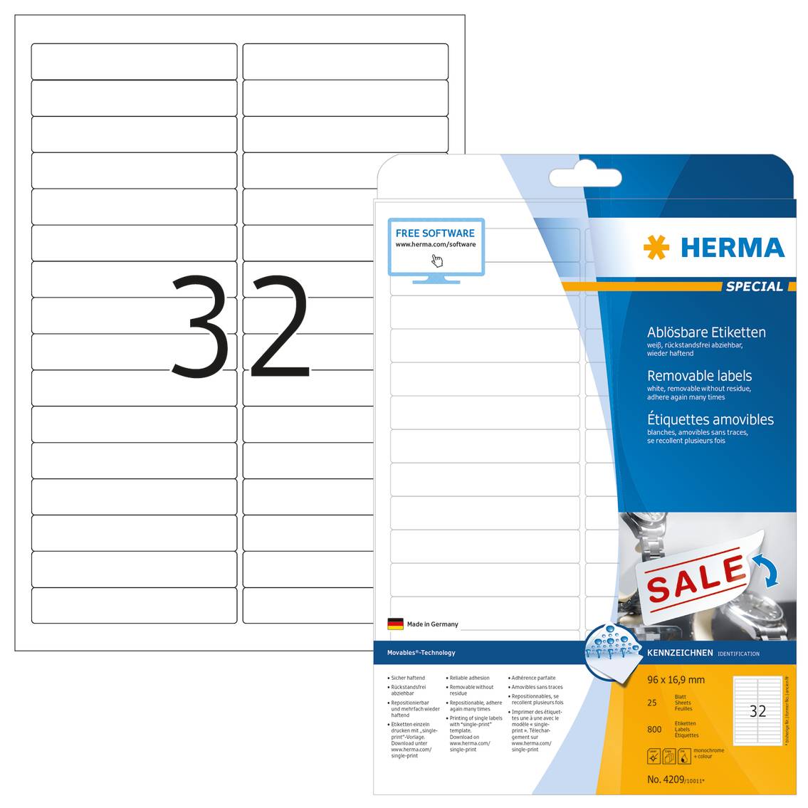 HERMA Special - Papier - matt - selbstklebend, entfernbarer Klebstoff - weiß - 96 x 16.9 mm 800 Etikett(en) (25 Bogen x 32)