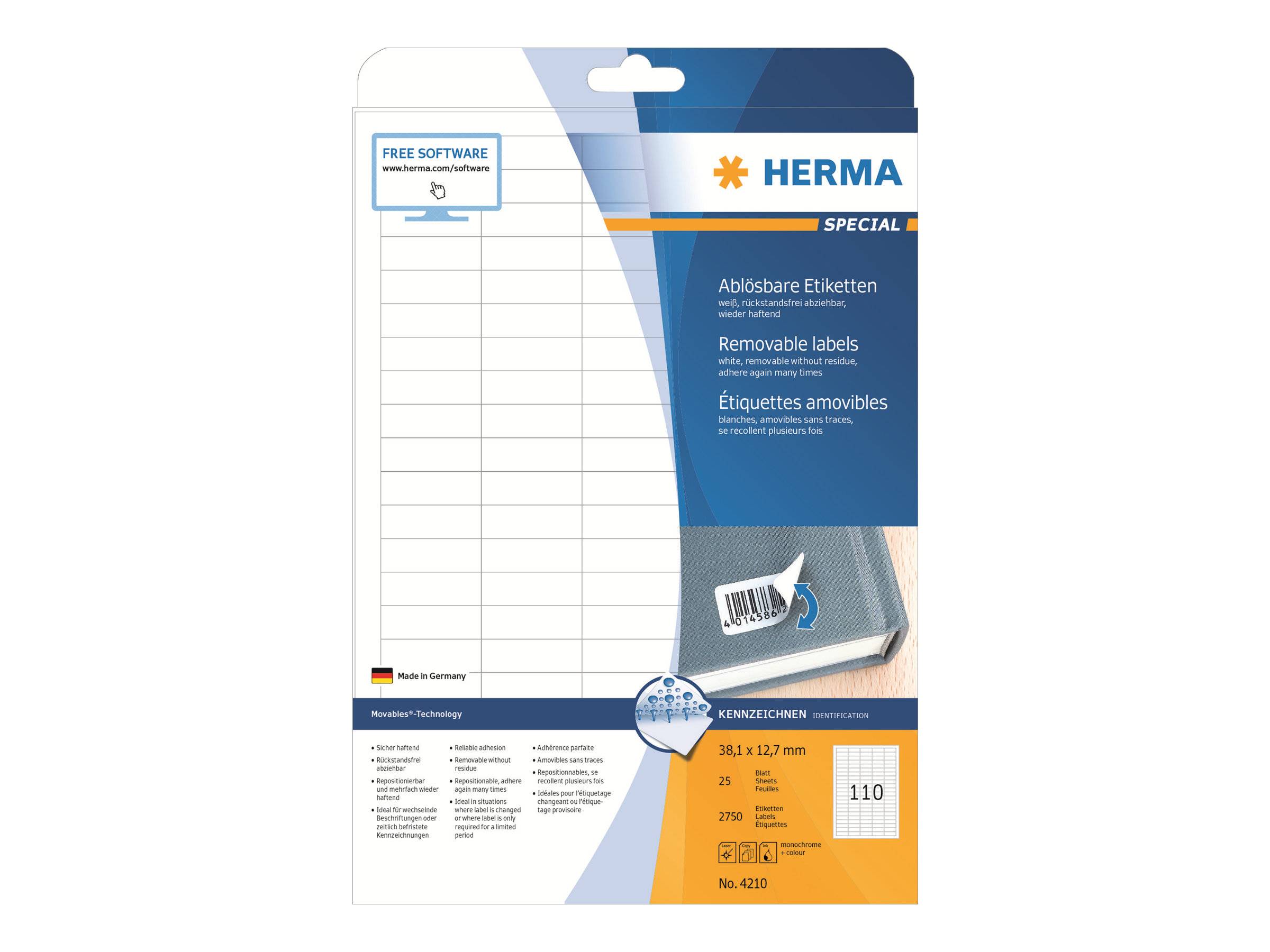 HERMA Paket mit ablösbaren Etiketten mit blanken weißen Etikettblättern, blauem und orangefarbenem Design, mit Beschriftung „Freie Software