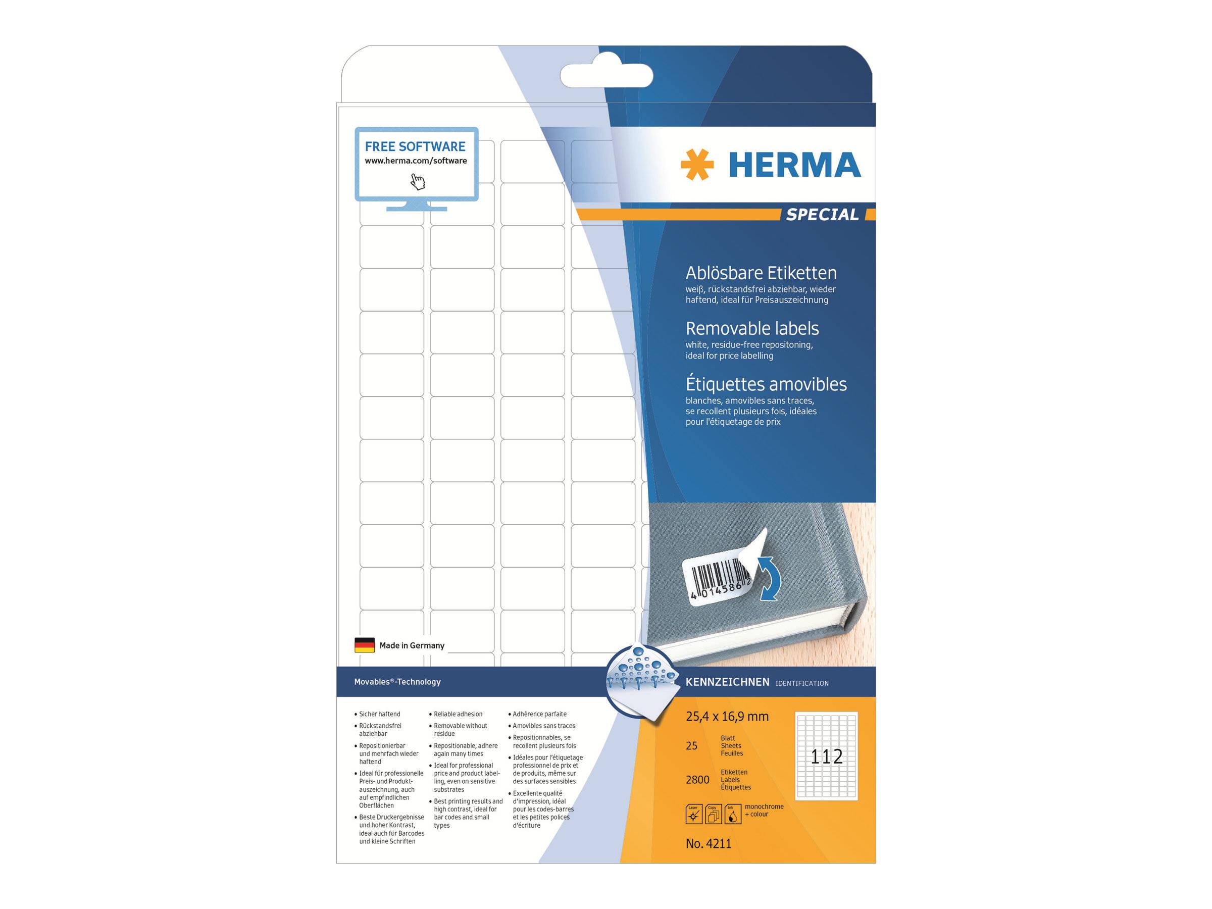 HERMA SPECIAL Paket mit ablösbaren weißen Etiketten mit 25 A4-Blättern, 112 Etiketten pro Blatt, für kostenlose Software, hergestellt in Deutschland.