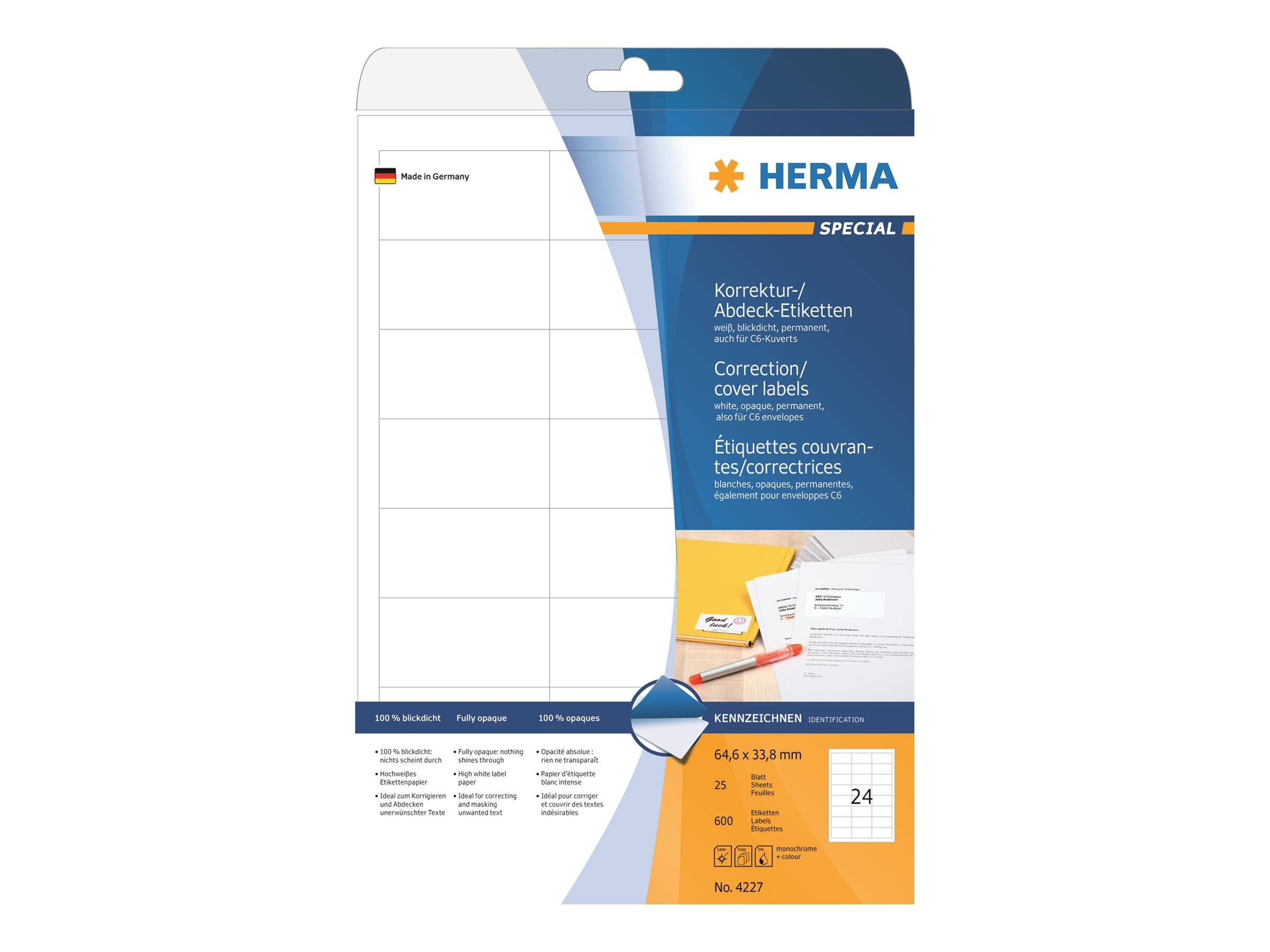 Paket mit HERMA-Korrekturetiketten, weiße Klebeetiketten mit blauem und orangefarbenem Etikettendesign und Größenangaben auf der Vorderseite.