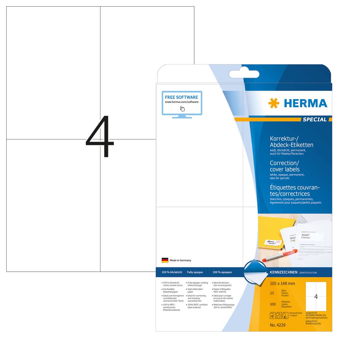 HERMA Special - Weiß - A6 (105 x 148 mm) 100 Etikett(en) (25 Bogen x 4)