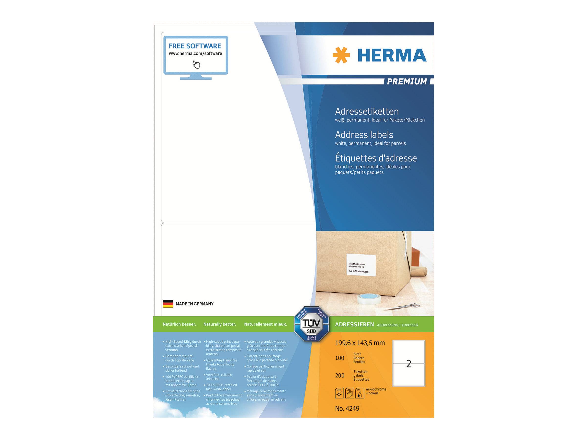 Herma Premium Adressenetiketten-Paket mit blanken weißen Etikettenseiten, Softwareunterstützung, TÜV-Siegel und Produktdetails für 199,6 x 143,5 mm Etiketten.