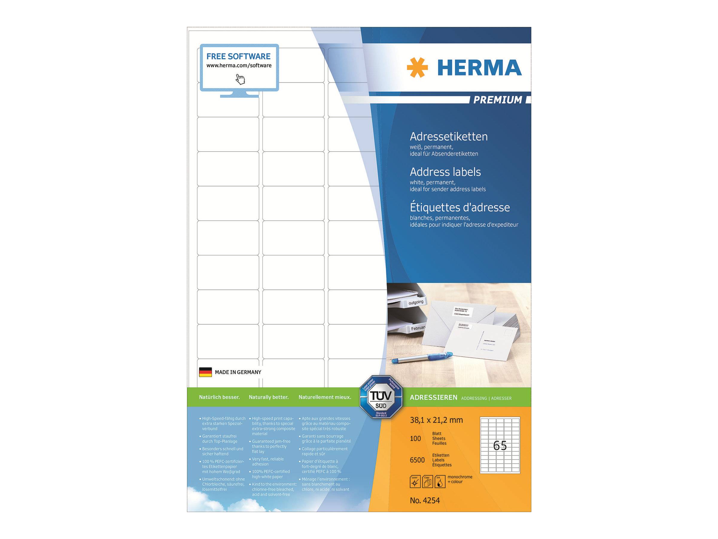 HERMA Premium - Papier - matt - permanent selbstklebend - High White - 38.1 x 21.2 mm 6500 Etikett(en) (100 Bogen x 65)