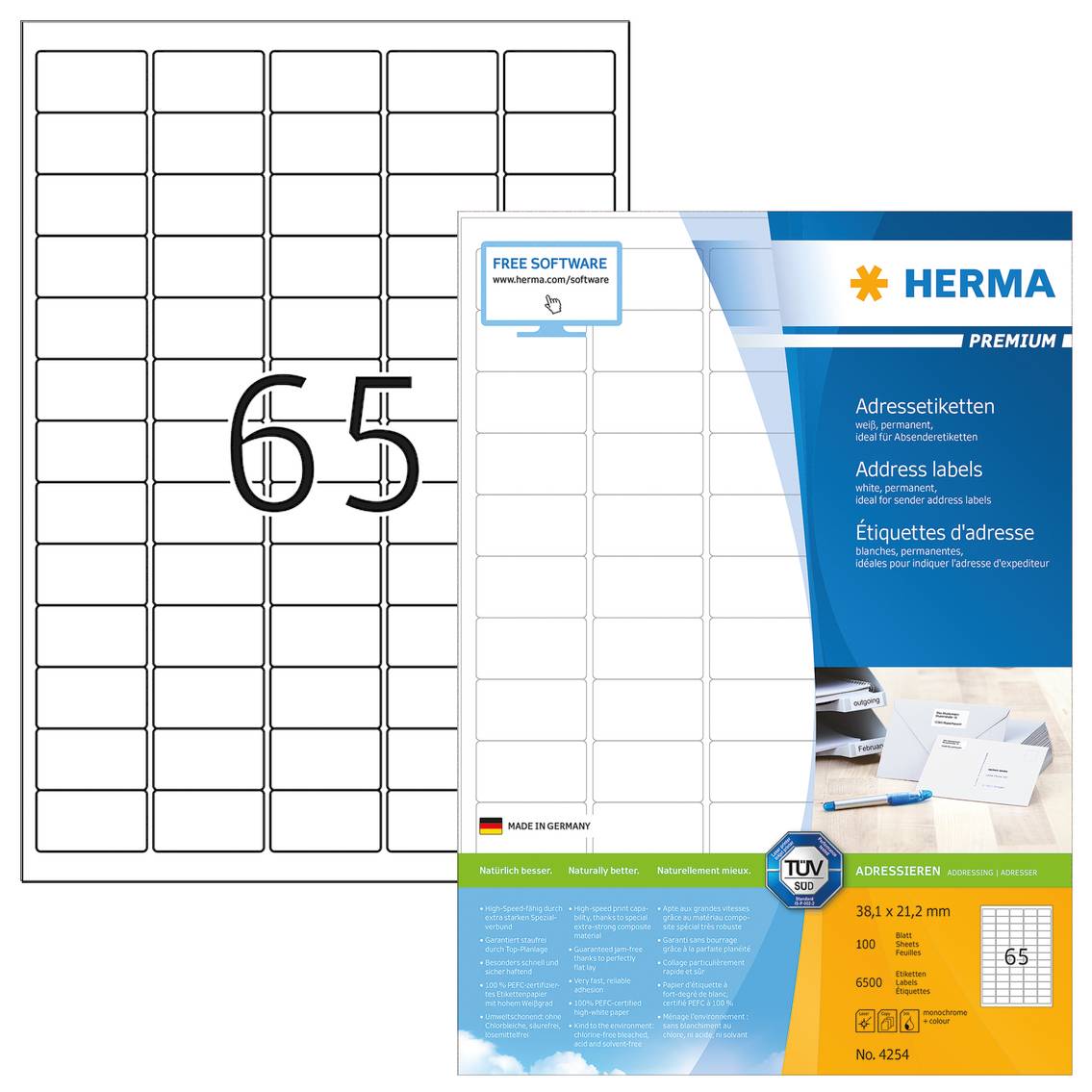 HERMA Premium - Papier - matt - permanent selbstklebend - High White - 38.1 x 21.2 mm 6500 Etikett(en) (100 Bogen x 65)