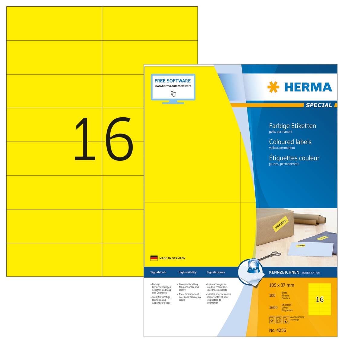 HERMA Special - Papier - matt - permanent selbstklebend - Gelb - 105 x 37 mm 1600 Etikett(en) (100 Bogen x 16)