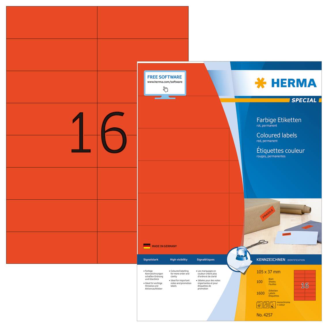 HERMA Special - Papier - matt - permanent selbstklebend - Rot - 105 x 37 mm 1600 Etikett(en) (100 Bogen x 16)