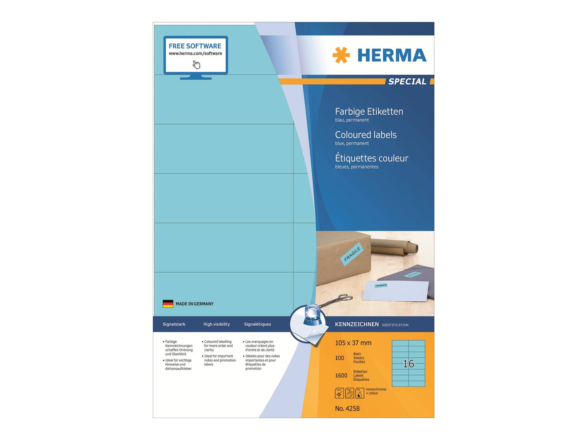 HERMA Special - Papier - matt - permanent selbstklebend - Blau - 105 x 37 mm 1600 Etikett(en) (100 Bogen x 16)