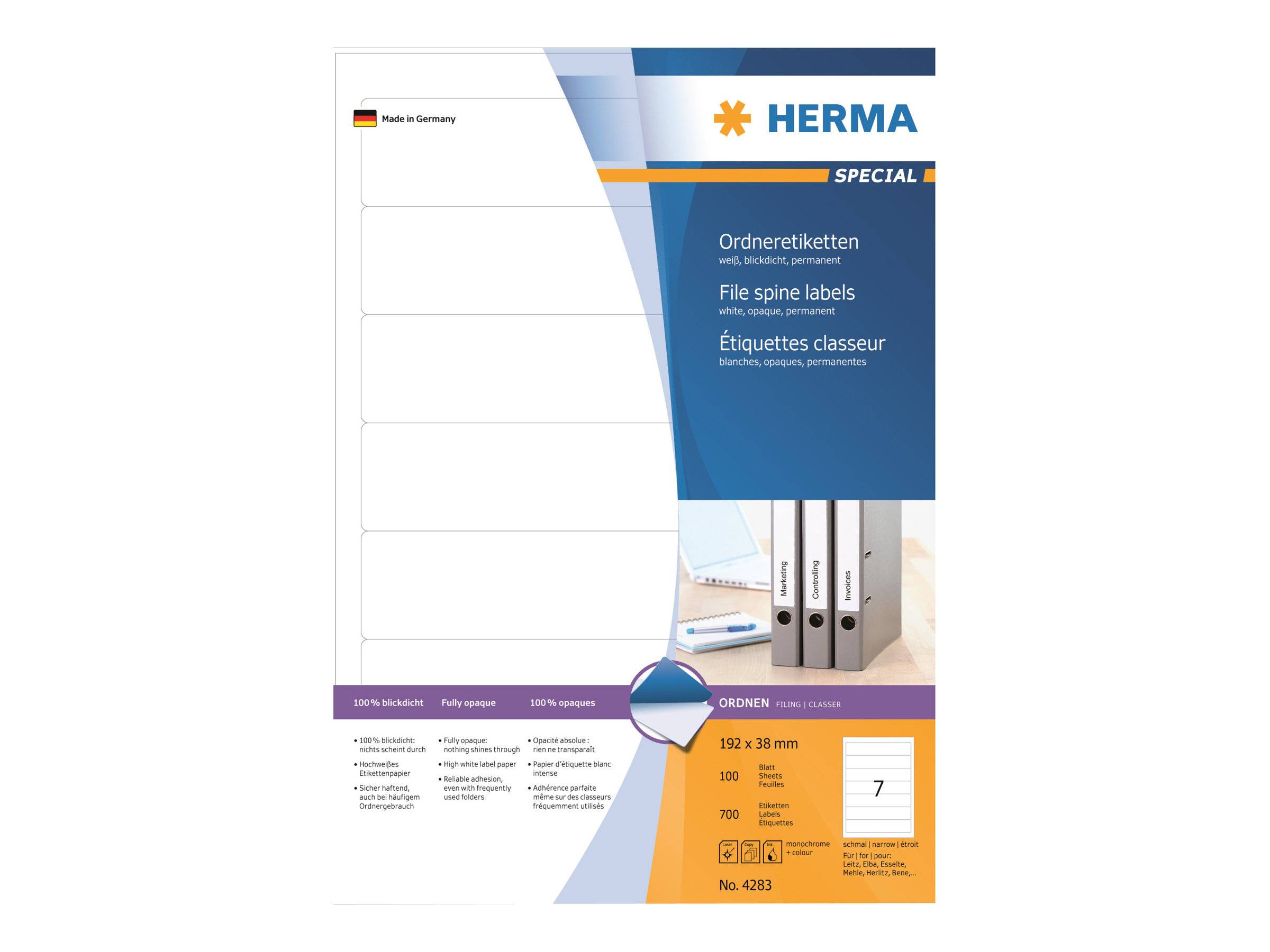Produktverpackung für HERMA spezielle Aktenschildchen, mit leeren weißen Etiketten und Größe 192 x 38 mm, Packung mit 100 Blatt.