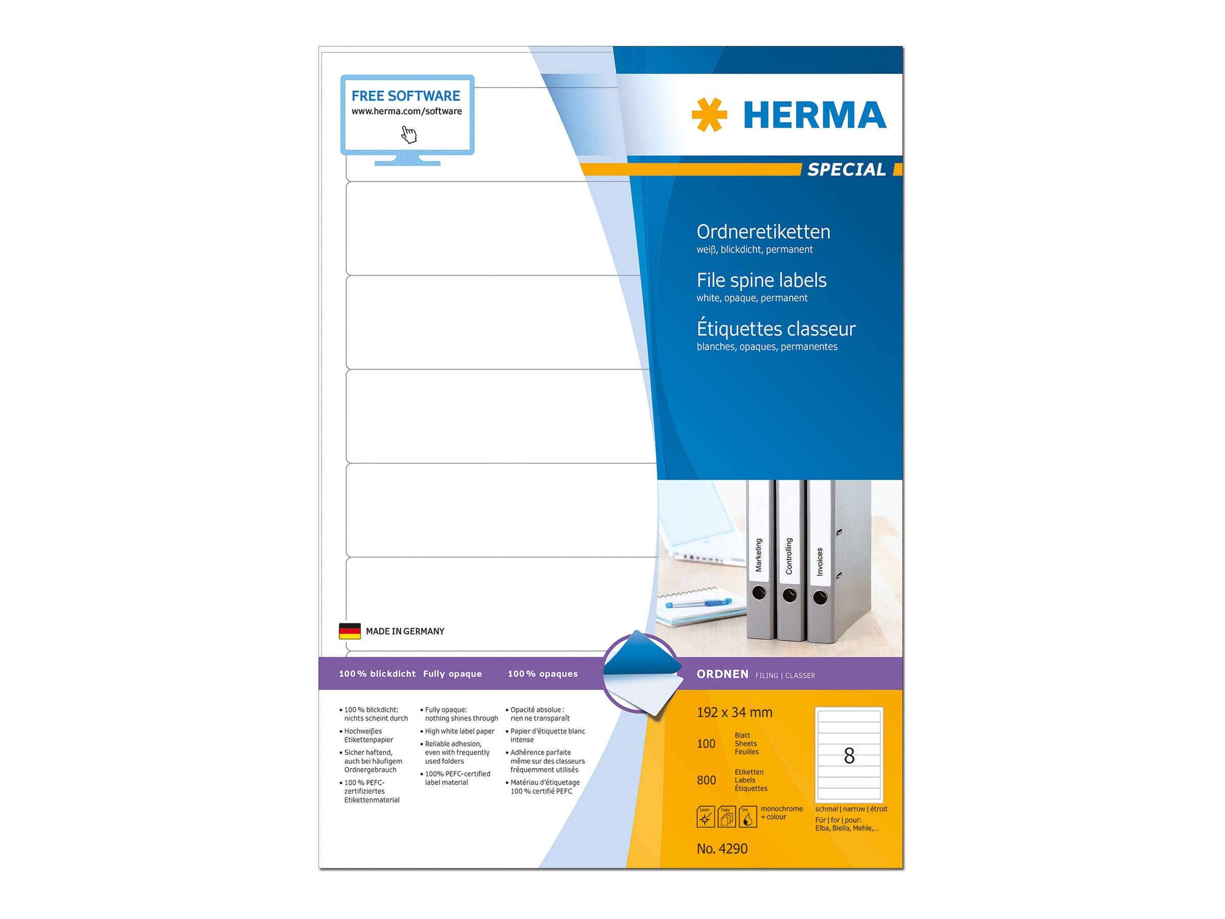 Verpackung für HERMA spezielle Rückenschilder, mit leeren bedruckbaren Etikettensätzen und Produktdetails für 192 x 34 mm Etiketten.