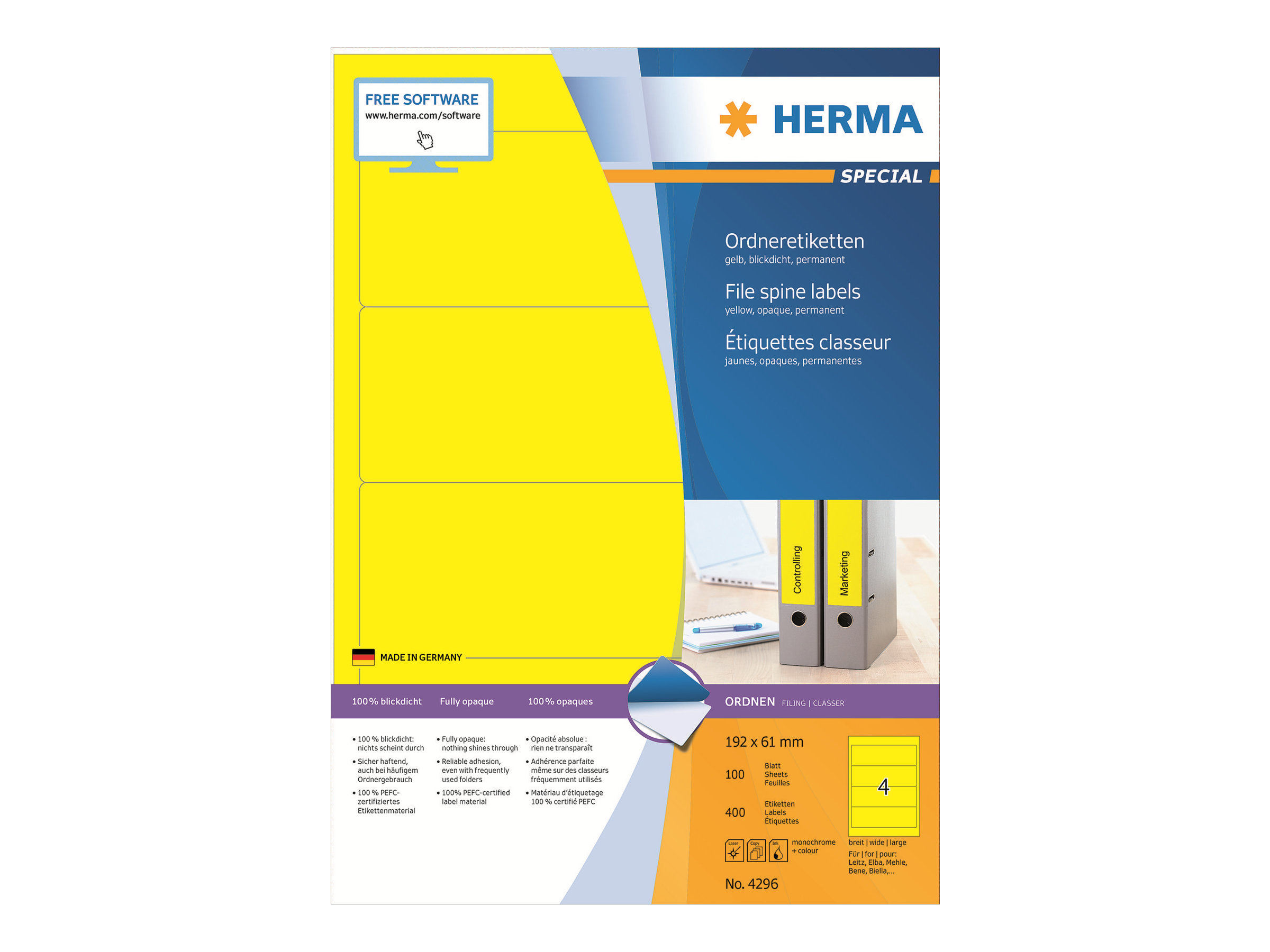 HERMA Special - Papier - matt - permanent selbstklebend - Gelb - 192 x 61 mm 400 Etikett(en) (100 Bogen x 4)