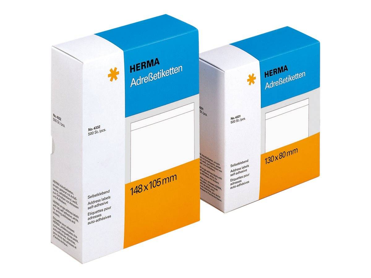 Zwei Schachteln HERMA Adressetiketten, eine 148 x 105 mm und eine 130 x 80 mm, auf weißem Hintergrund dargestellt.