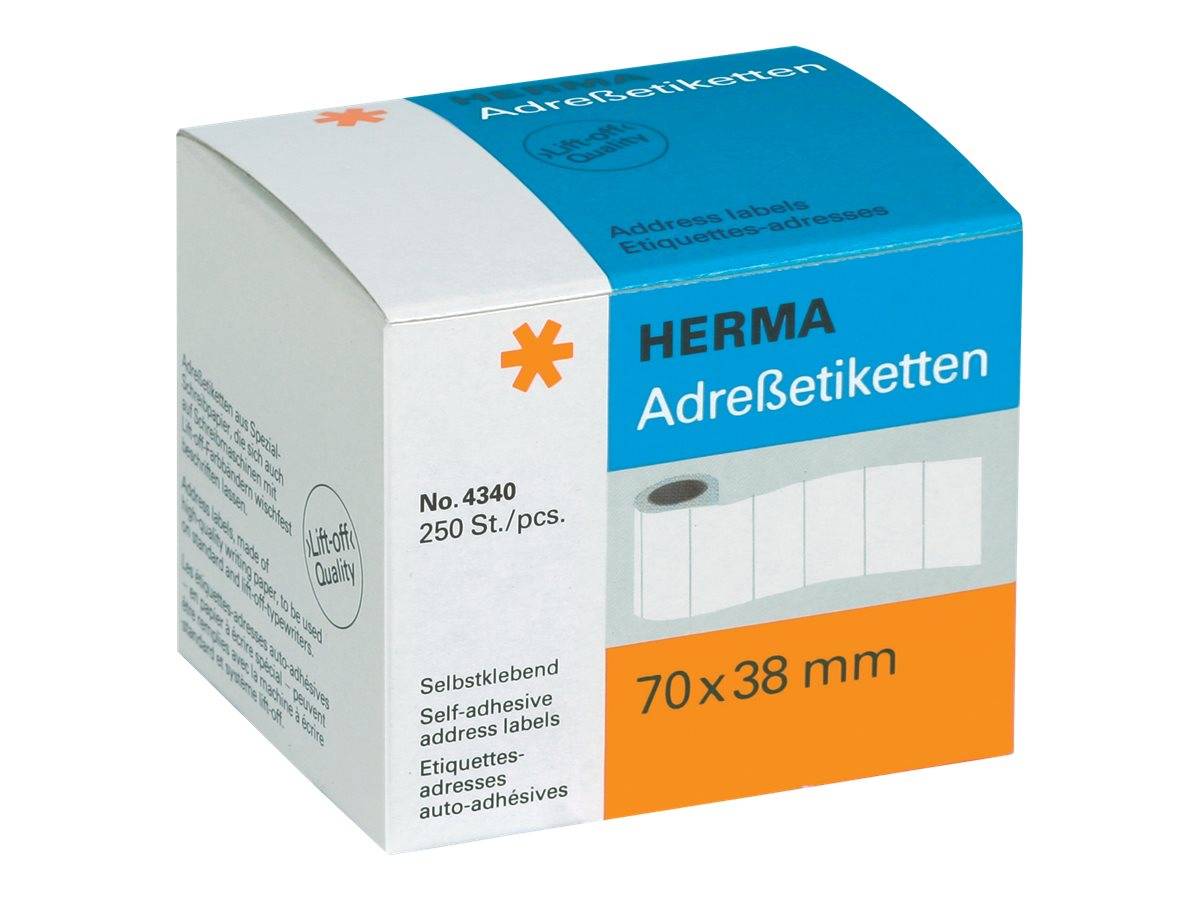 Schachtel mit HERMA Adressetiketten, 250 selbstklebende Etiketten, 70 x 38 mm, in blauer, weißer und orangefarbener Verpackung.