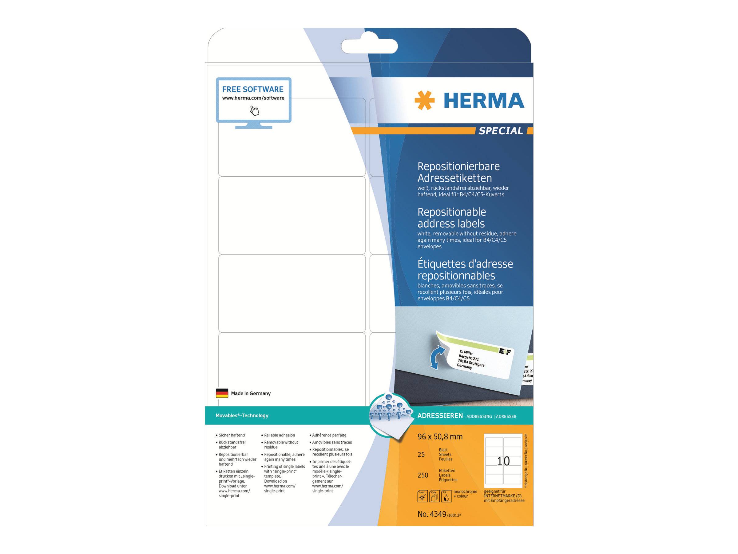 Verpackung für HERMA wiederablösbare Adressetiketten, zeigt leere Etikettenbogen und Produktdetails für 105,8 x 98 mm Etiketten, 10 Blatt, insgesamt 250 Etiketten.