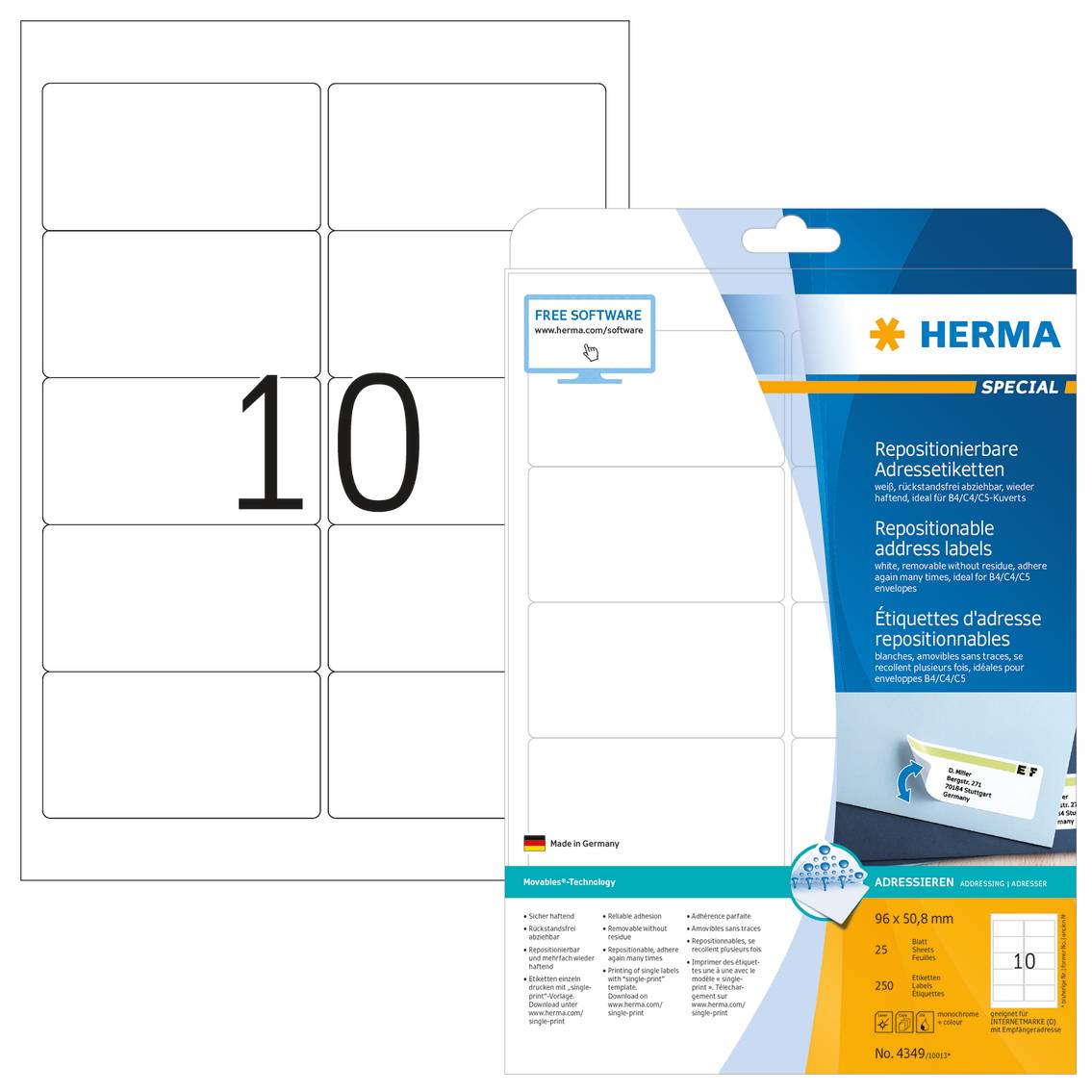 HERMA Special - Papier - matt - selbstklebend, neu positionierbar - weiß - 96 x 50.8 mm 250 Etikett(en) (25 Bogen x 10)