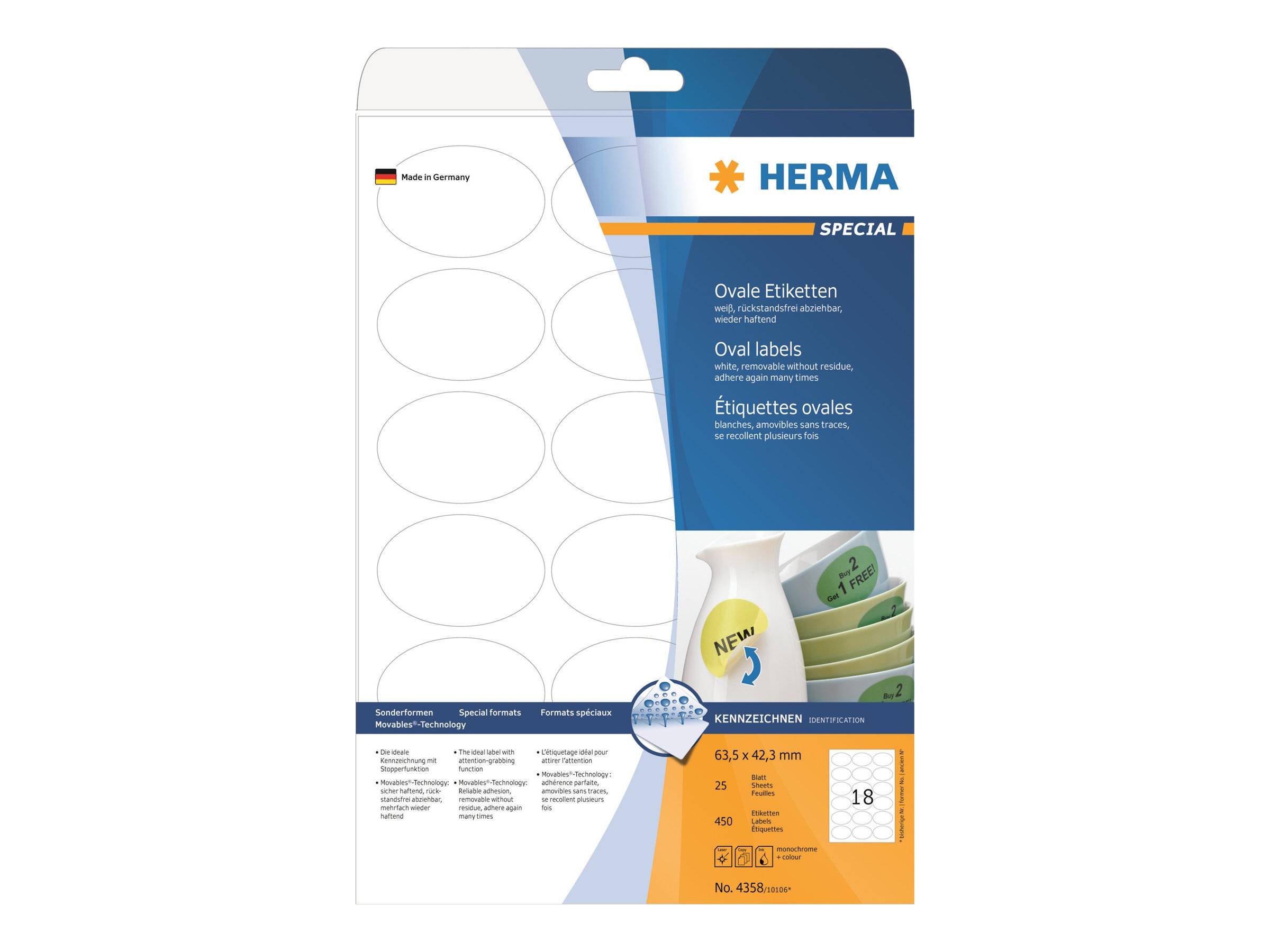 HERMA Special - Papier - matt - selbstklebend, entfernbarer Klebstoff - weiß - 63,5 x 42,3 mm (oval)