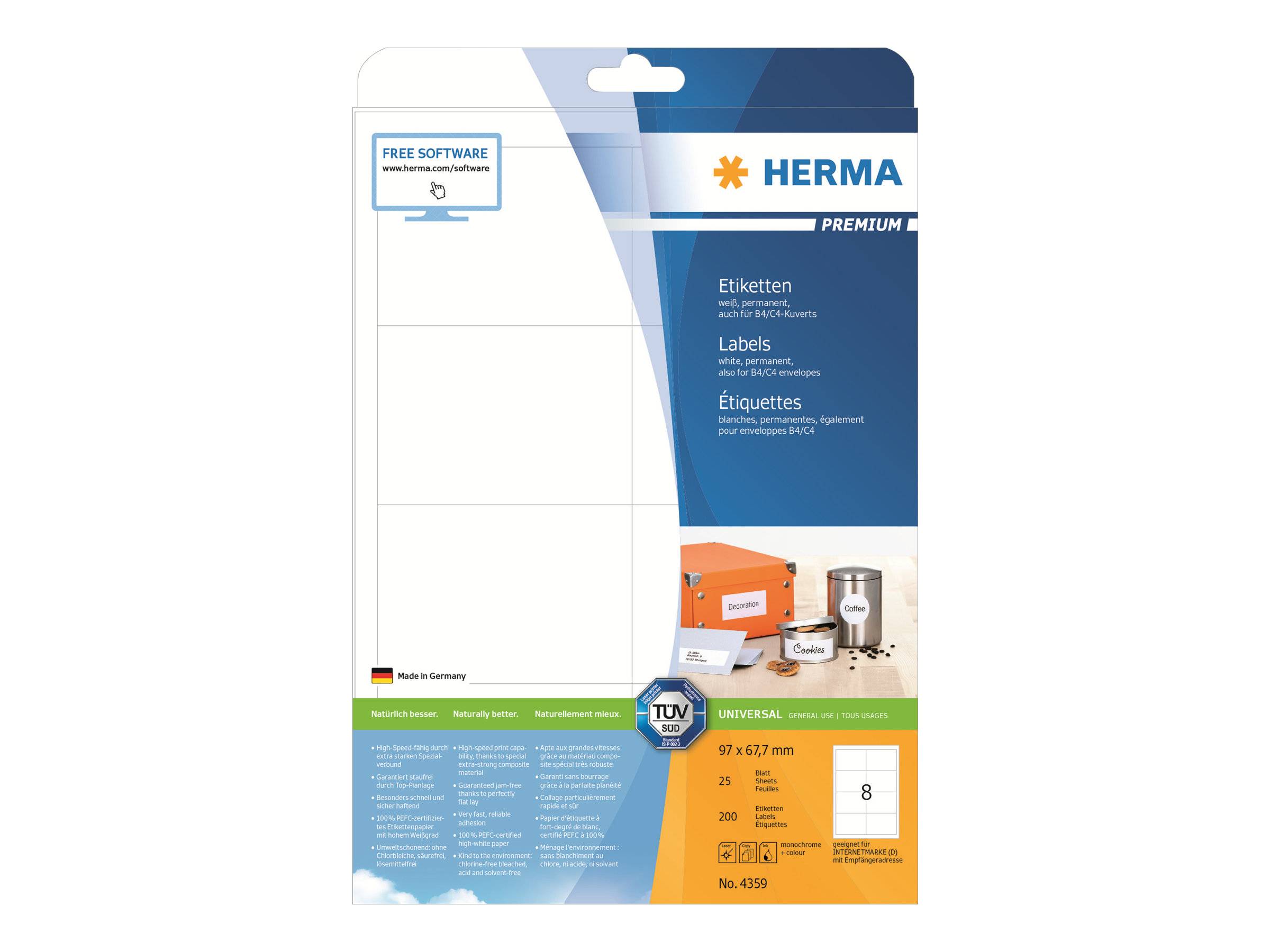 HERMA Premium - Papier - matt - permanent selbstklebend - weiß - 97 x 67.7 mm 200 Etikett(en) (25 Bogen x 8)