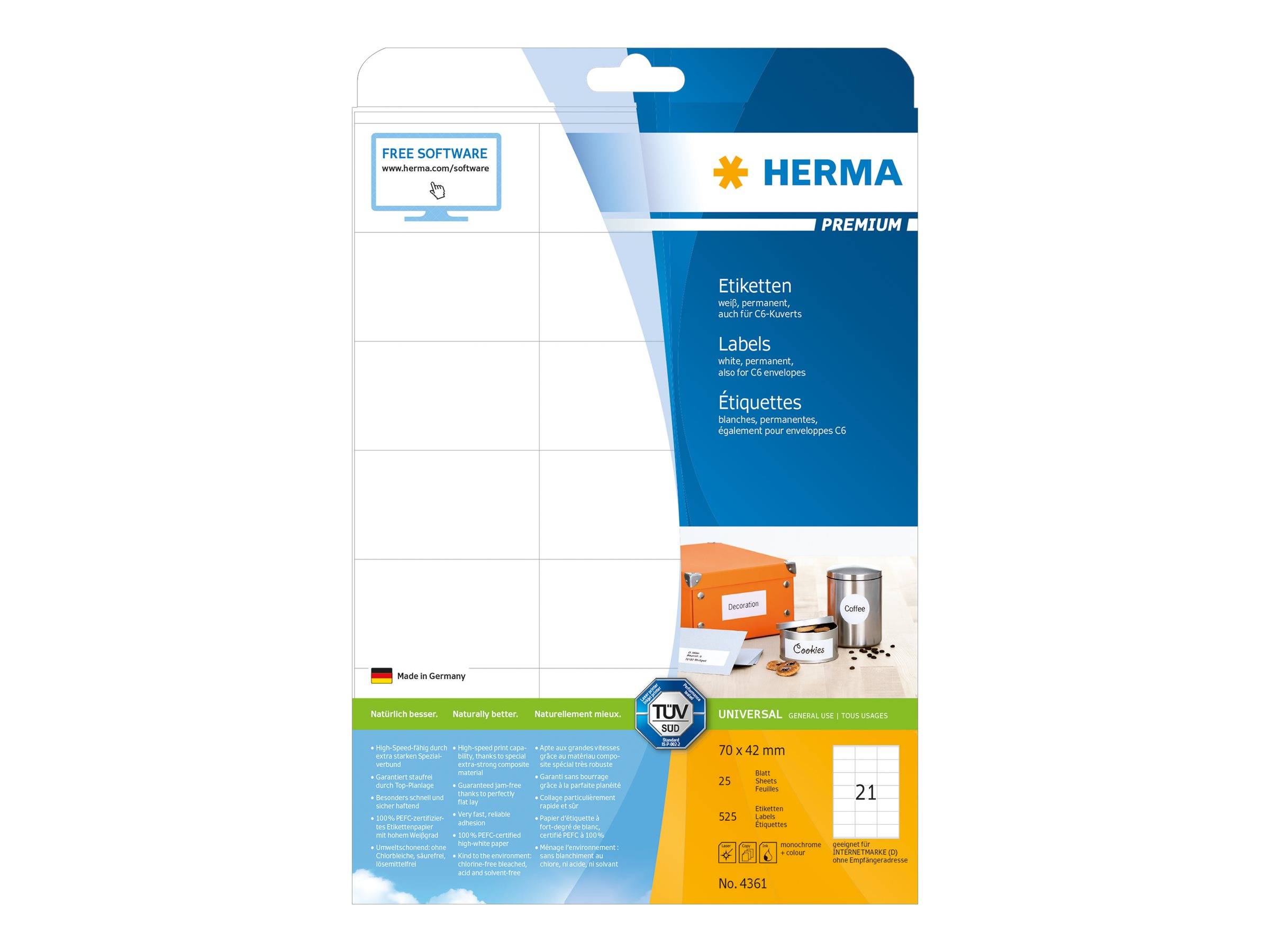 Paket HERMA Premium-Etiketten, A4-Blätter mit leeren Etiketten und Produktdetails auf der Vorderseite