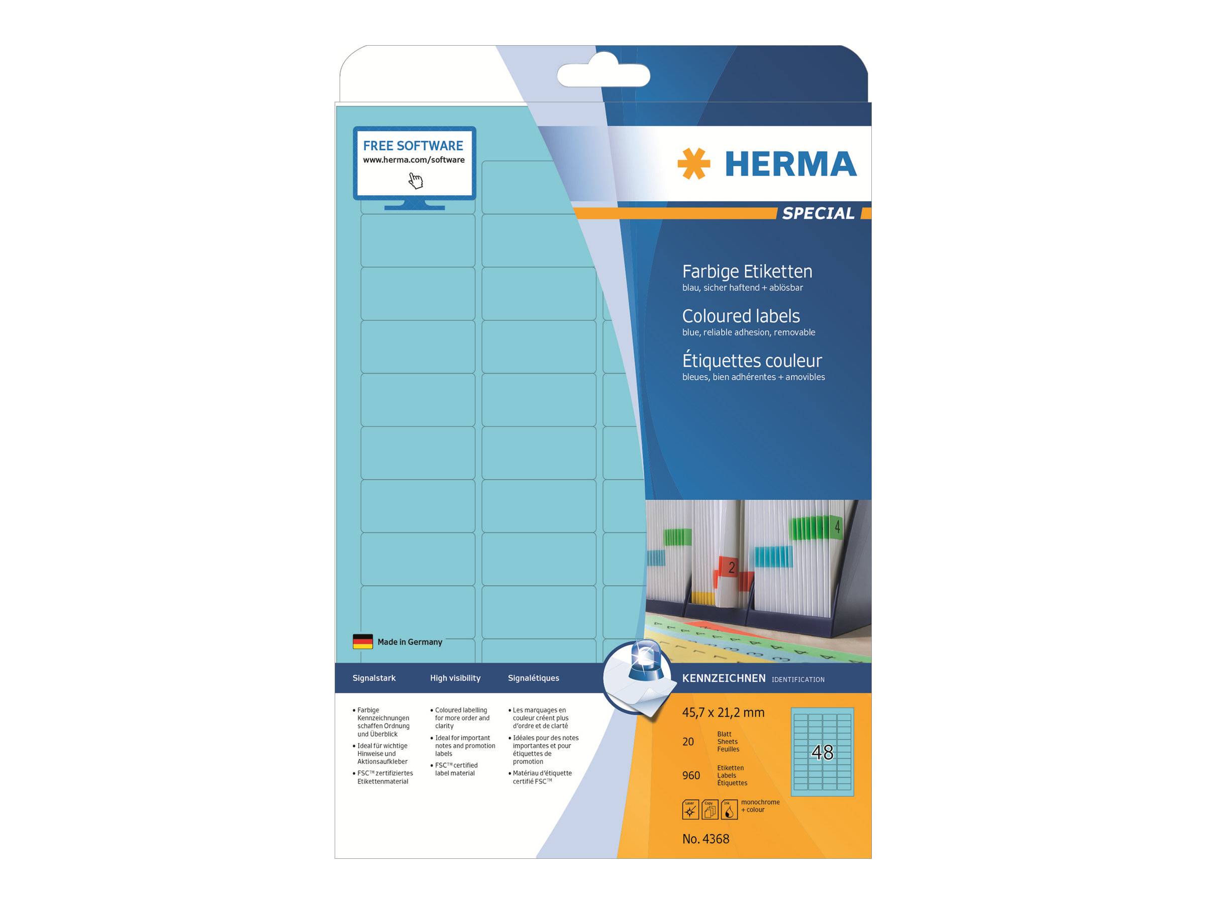 Verpackung für HERMA Spezialfarbige Etiketten mit blauen Etikettenblättern, „KOSTENLOSE SOFTWARE