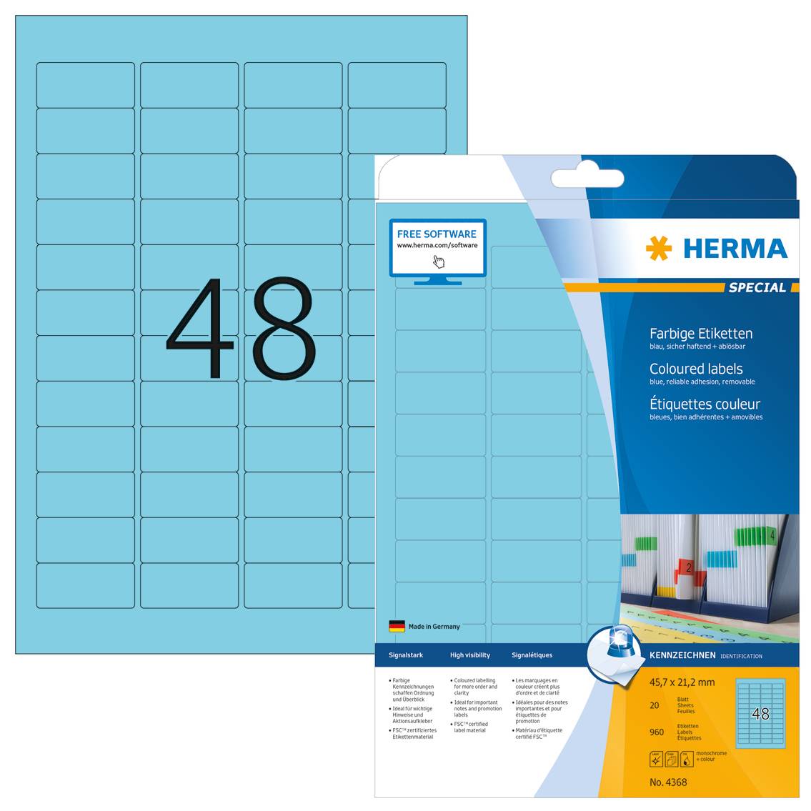 HERMA Special - Papier - matt - permanent selbstklebend - Blau - 45.7 x 21.2 mm 960 Etikett(en) (20 Bogen x 48)