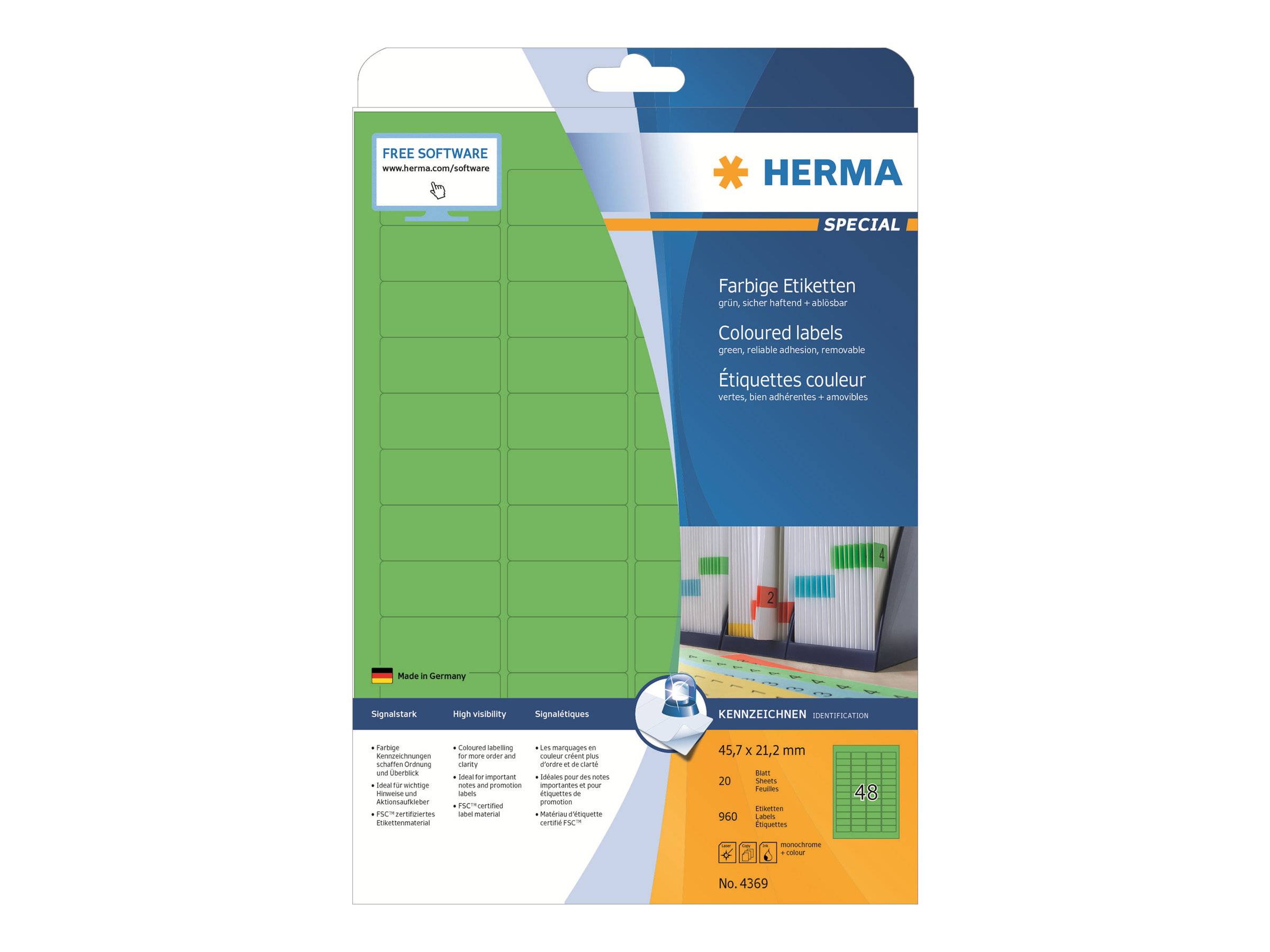 Packung mit HERMA-Spezialfarbetiketten mit grünem Blatt mit Adressetiketten und Produktdetails für 63,5 x 21,2 mm-Etiketten.