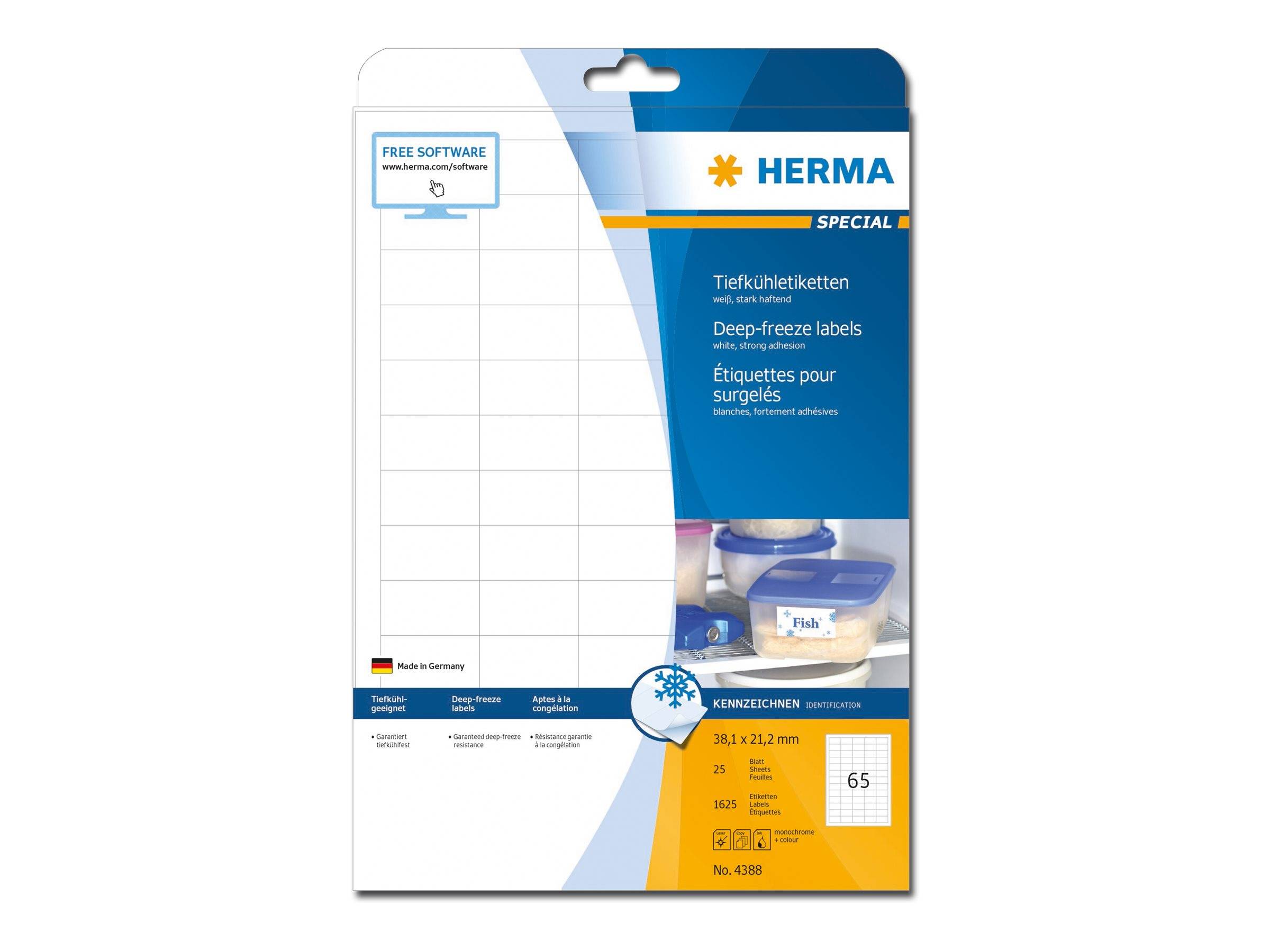 Packung mit HERMA Spezial-Gefriertieflabeln zur Kennzeichnung von Tiefkühlkost, mit einem leeren Etikettenblatt auf der Vorderseite.