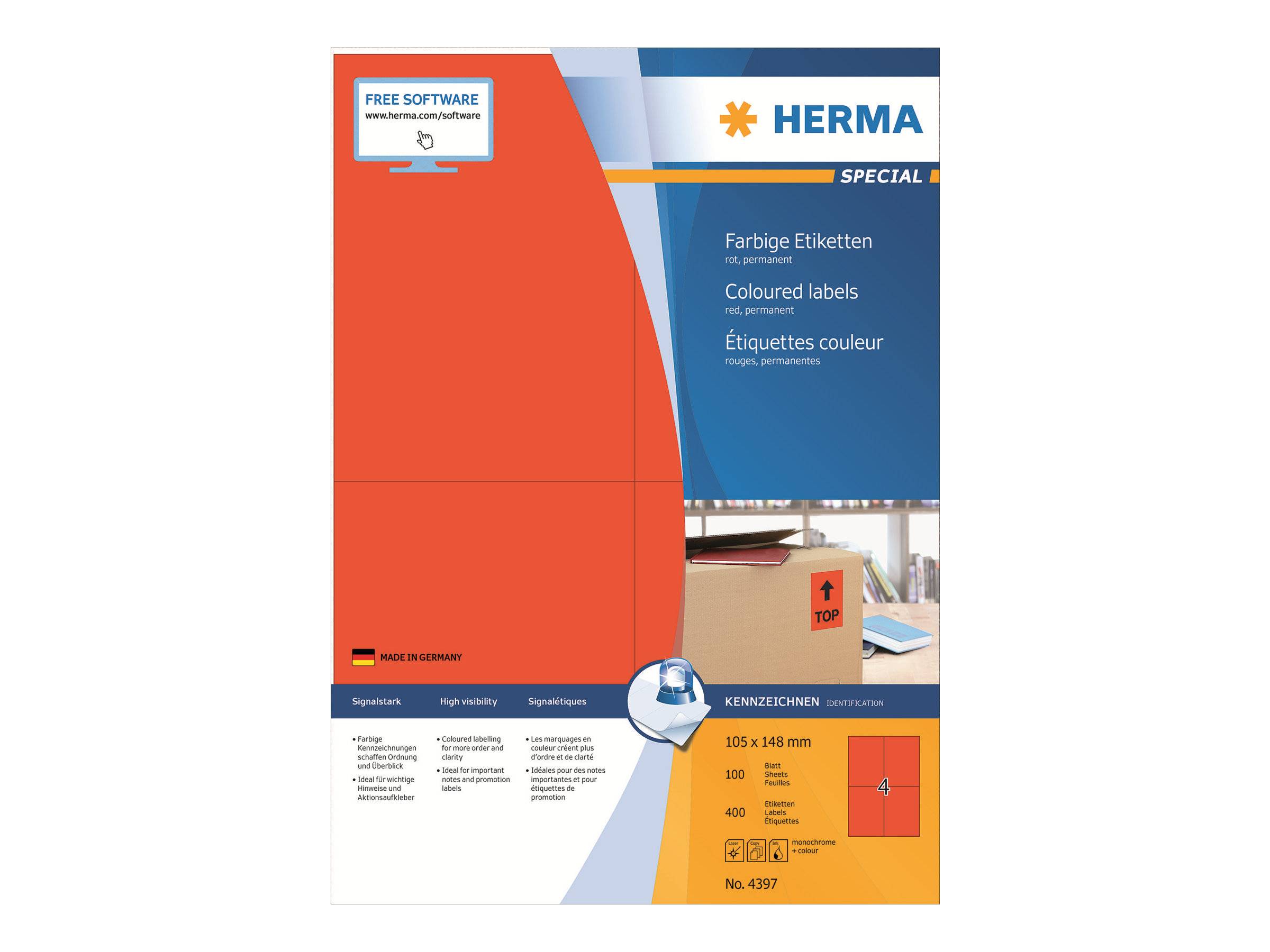 HERMA Spezialfarbige Etiketten Verpackung, zeigt Etikettengröße 105 x 148 mm, 100 Blatt und eine Vorschau des roten Etikettenlayouts.