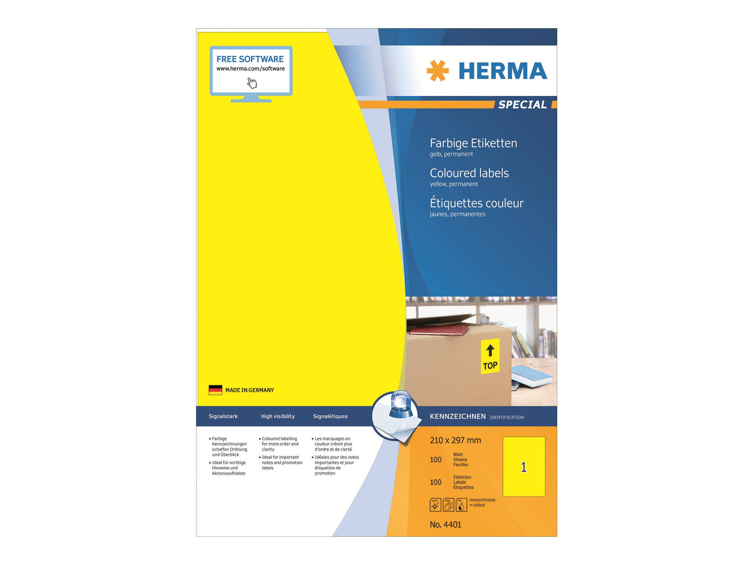 HERMA Spezialpack mit gelben Haftetiketten, 210 x 297 mm, mit 100 Blatt und 100 Etiketten pro Blatt, Produktnummer 4401.