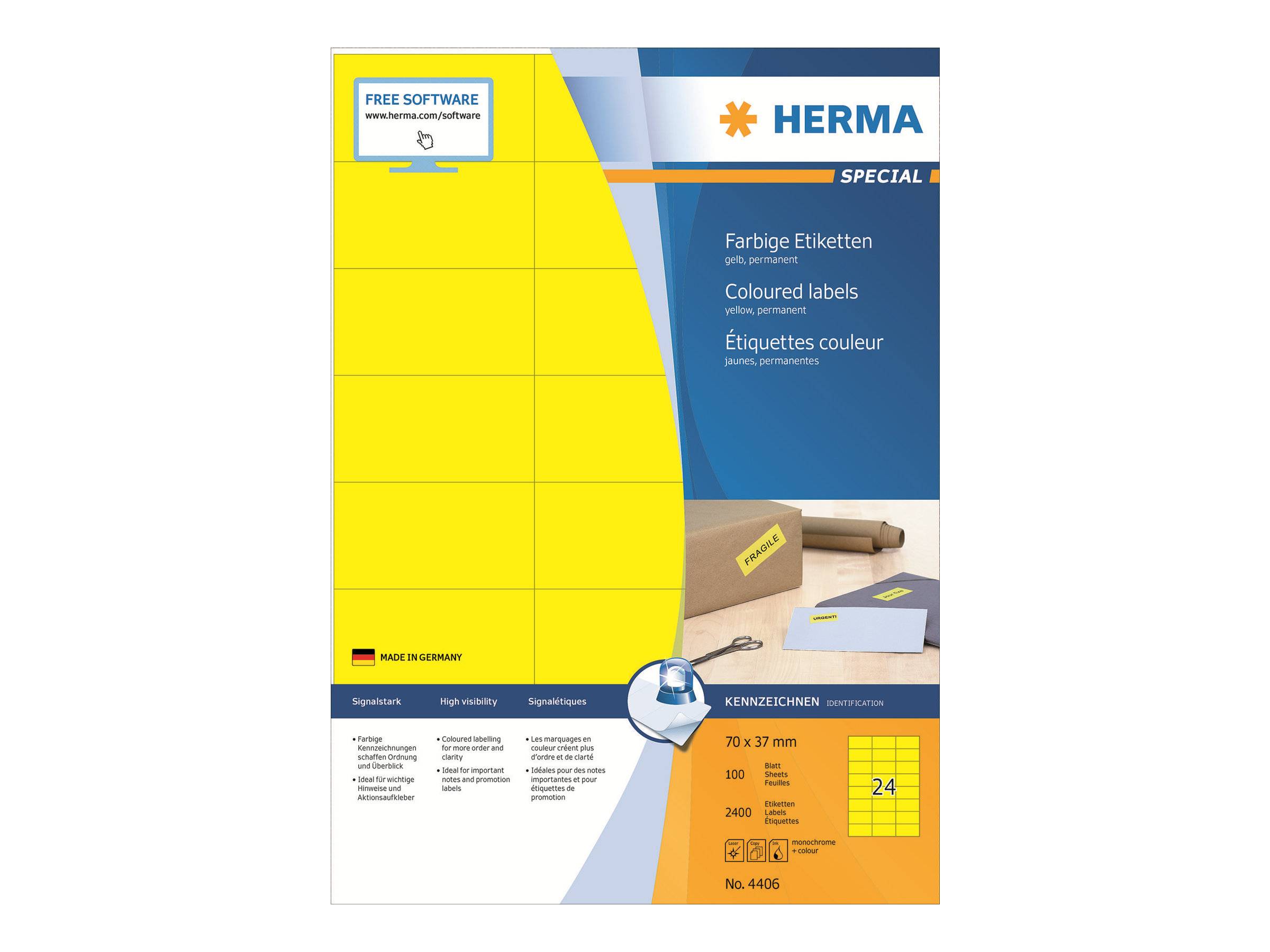 Verpackung für HERMA Spezial farbige Etiketten, zeigt ein gelbes Etikettenblatt, Produktdetails und Größe 70 x 37 mm mit 24 Etiketten pro Blatt.