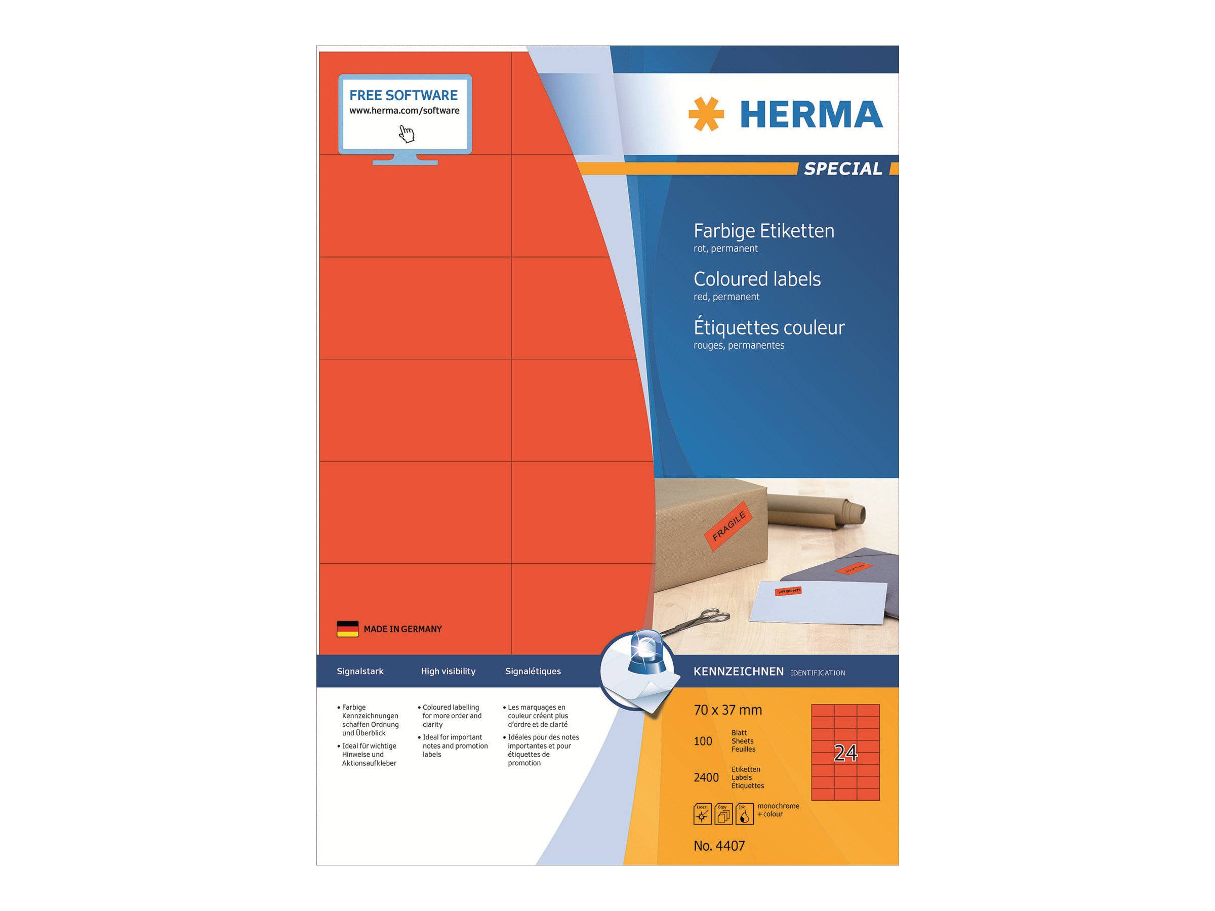 HERMA Special - Papier - matt - permanent selbstklebend - Rot - 70 x 37 mm 2400 Etikett(en) (100 Bogen x 24)