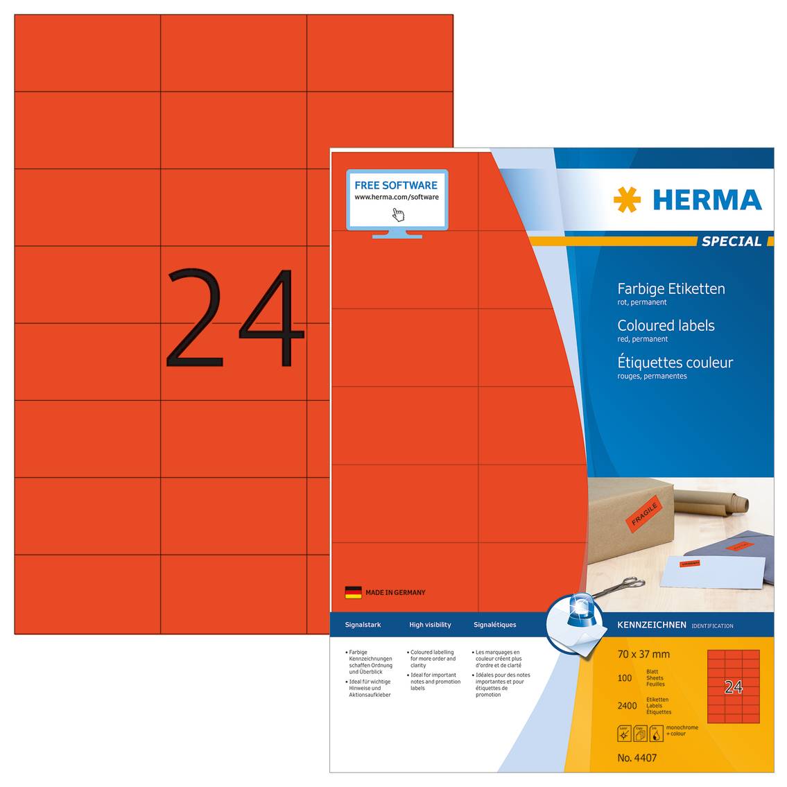 HERMA Special - Papier - matt - permanent selbstklebend - Rot - 70 x 37 mm 2400 Etikett(en) (100 Bogen x 24)