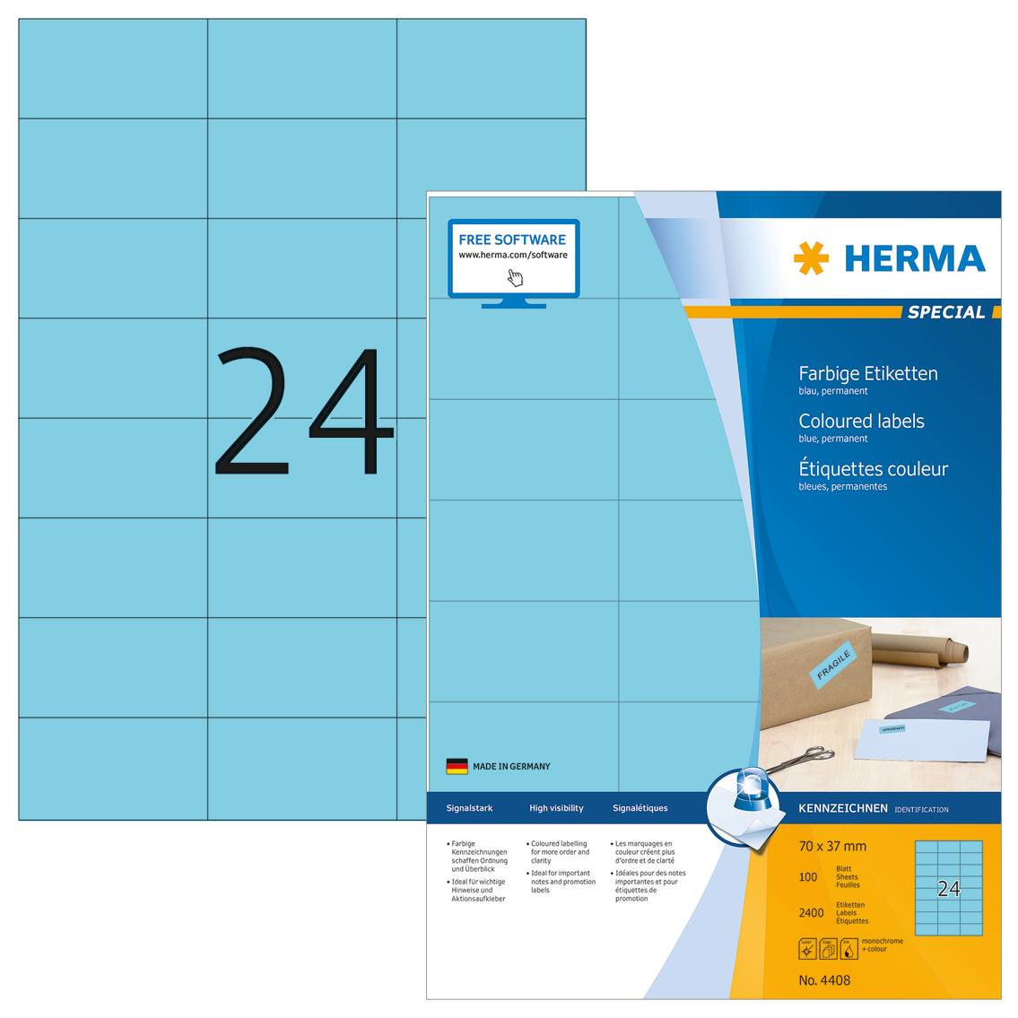 HERMA Special - Papier - matt - permanent selbstklebend - Blau - 70 x 37 mm 2400 Etikett(en) (100 Bogen x 24)