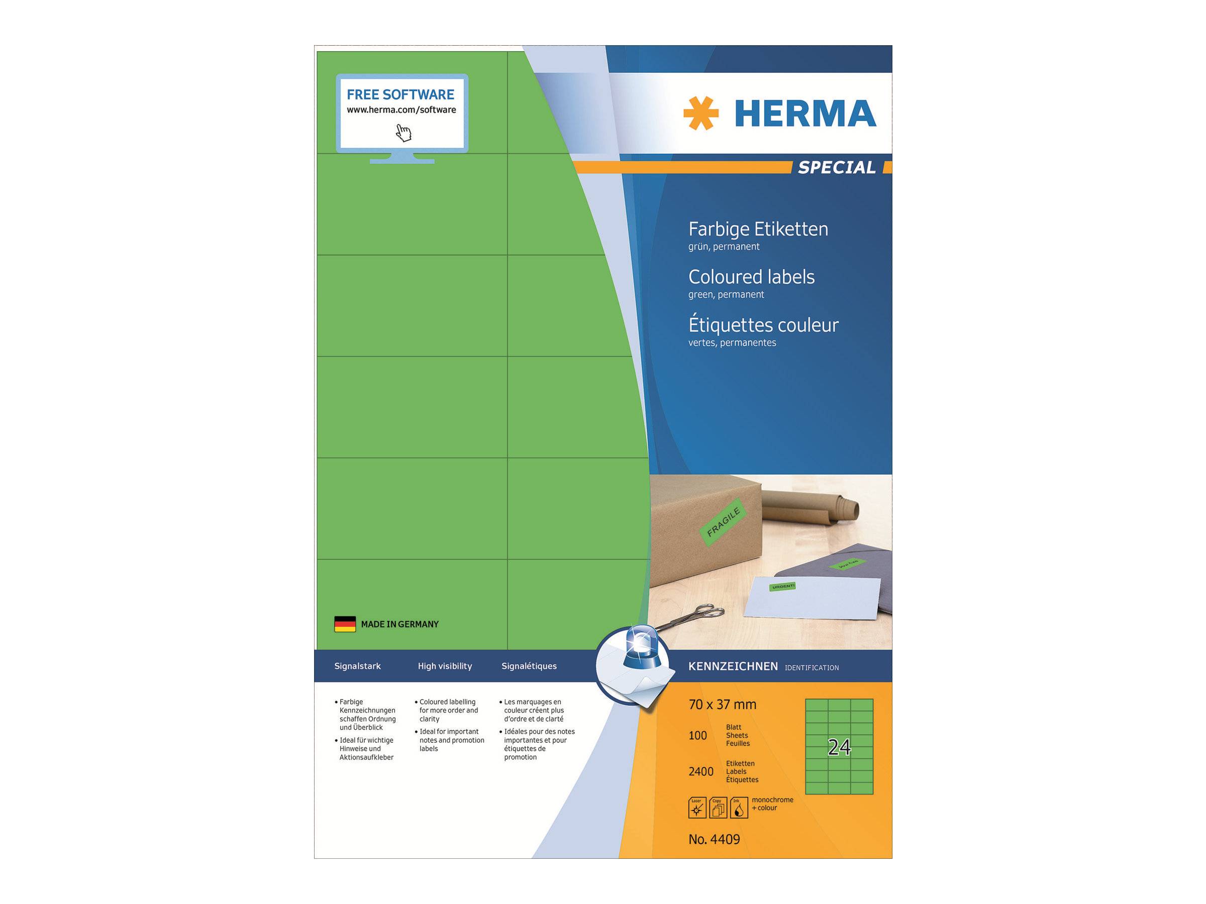 Produktverpackung für HERMA Spezial farbige Etiketten, zeigt ein grünes Etikettenblatt und Produktdetails einschließlich 70 x 37 mm, 100 Blatt, 2400 Etiketten.