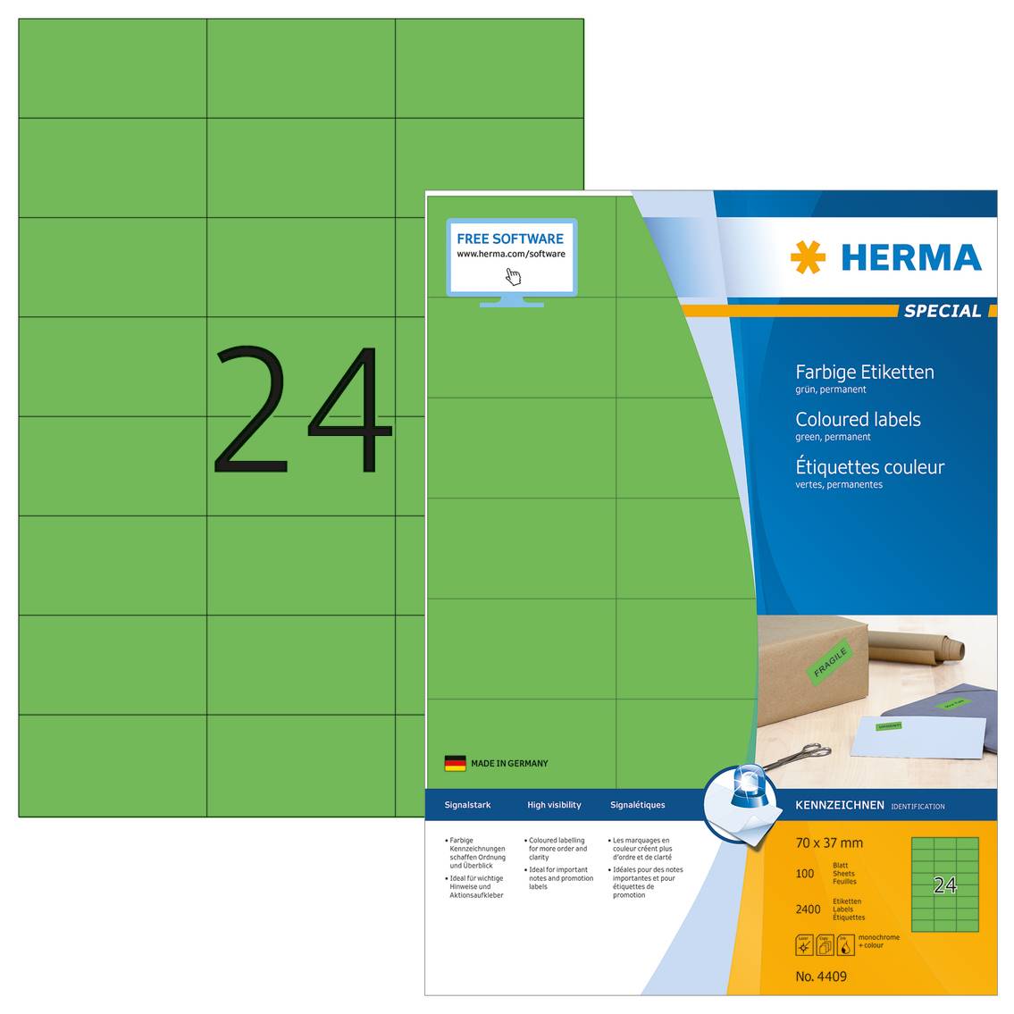 HERMA Special - Papier - matt - permanent selbstklebend - grün - 70 x 37 mm 2400 Etikett(en) (100 Bogen x 24)