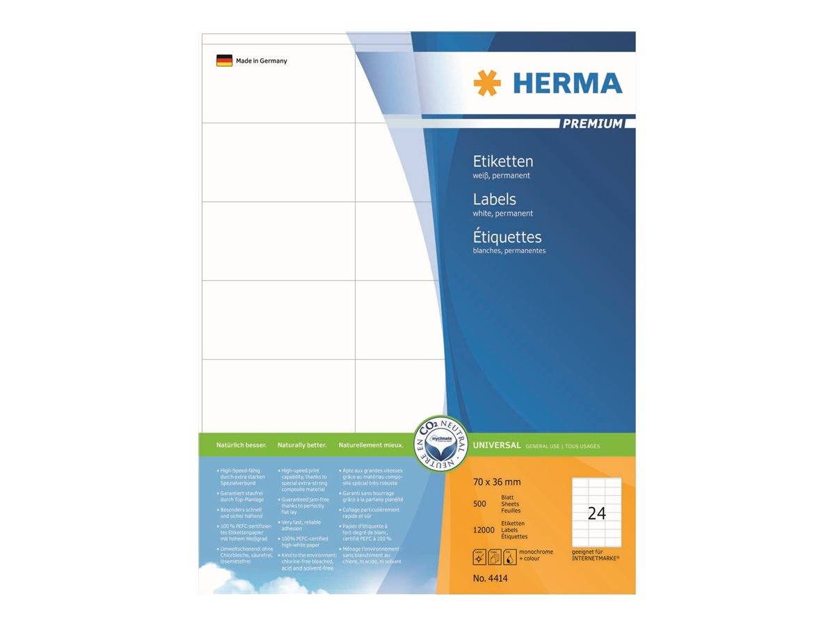 HERMA Premium - Papier - matt - permanent selbstklebend - weiß - 70 x 36 mm 12000 Etikett(en) (500 Bogen x 24)