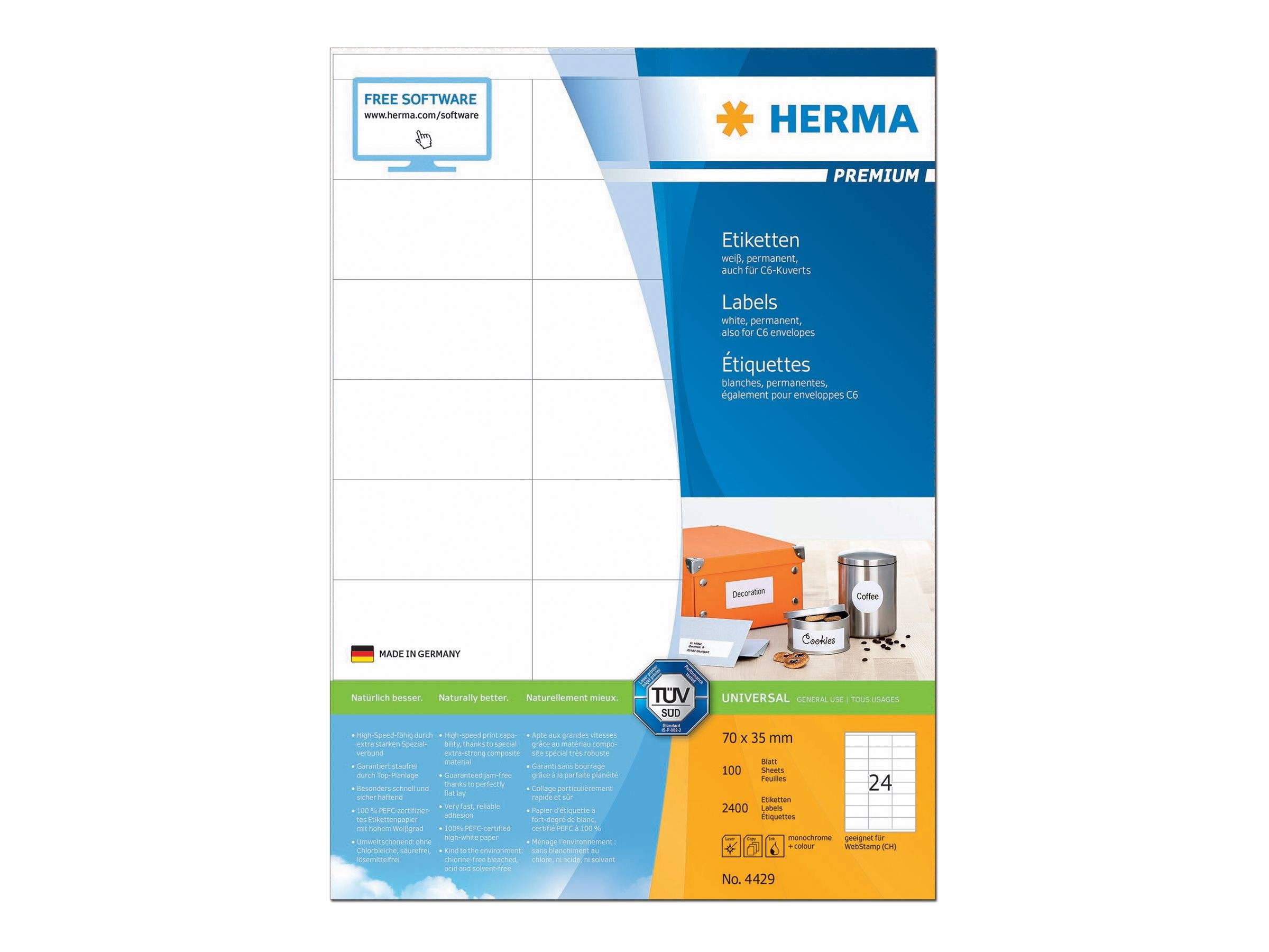 HERMA Premium - Papier - matt - permanent selbstklebend - weiß - 70 x 35 mm 2400 Etikett(en) (100 Bogen x 24)
