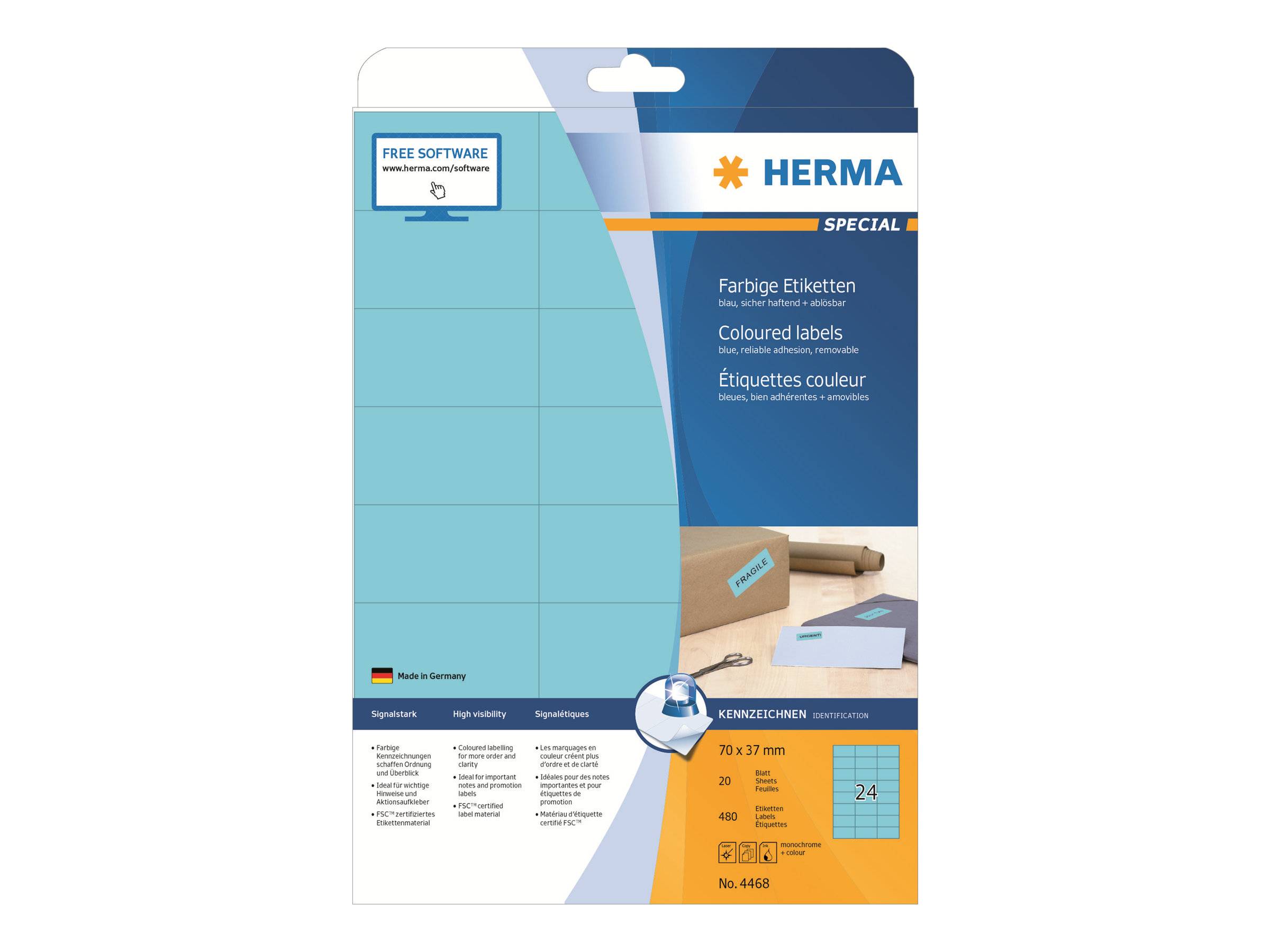 Packung HERMA Spezial farbiger Etiketten, blau- und orangefarbiges Design, zeigt bedruckbare Etikettenbogen und Produktdetails für 70 x 37 mm Etiketten.