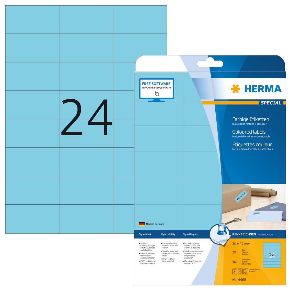 HERMA Special - Papier - matt - permanent selbstklebend - Blau - 70 x 37 mm 480 Etikett(en) (20 Bogen x 24)