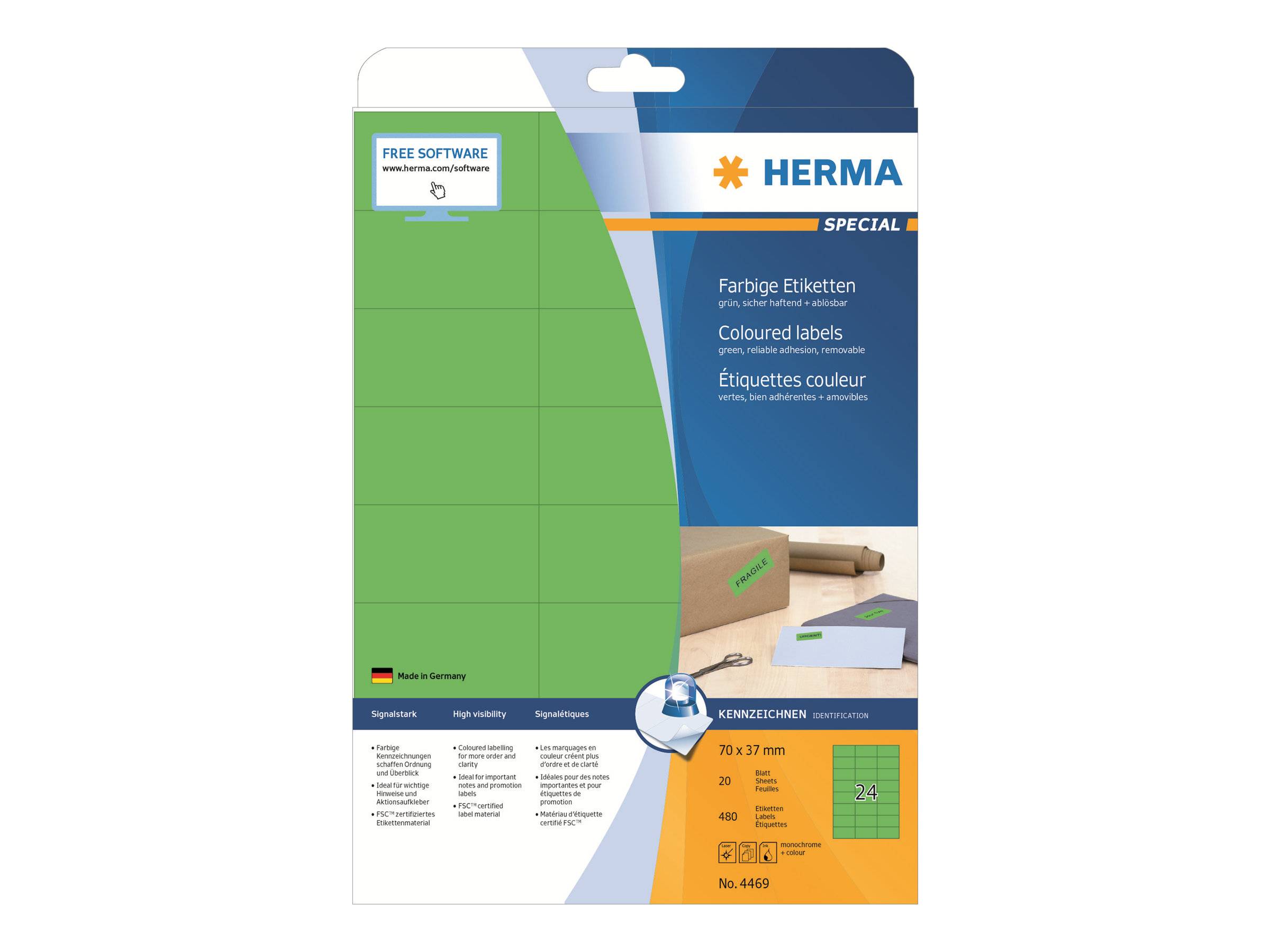 Packung HERMA Spezial farbige Etiketten, grün 70 x 37 mm, mit 280 Etiketten und kostenloser Software auf der Verpackung abgebildet.