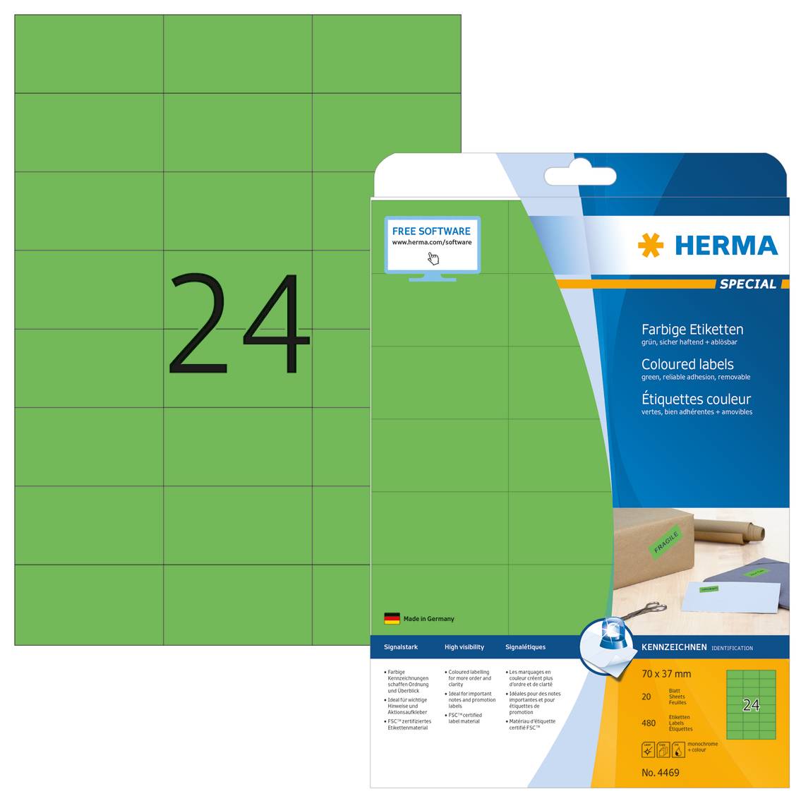 HERMA Special - Papier - matt - permanent selbstklebend - grün - 70 x 37 mm 480 Etikett(en) (20 Bogen x 24)