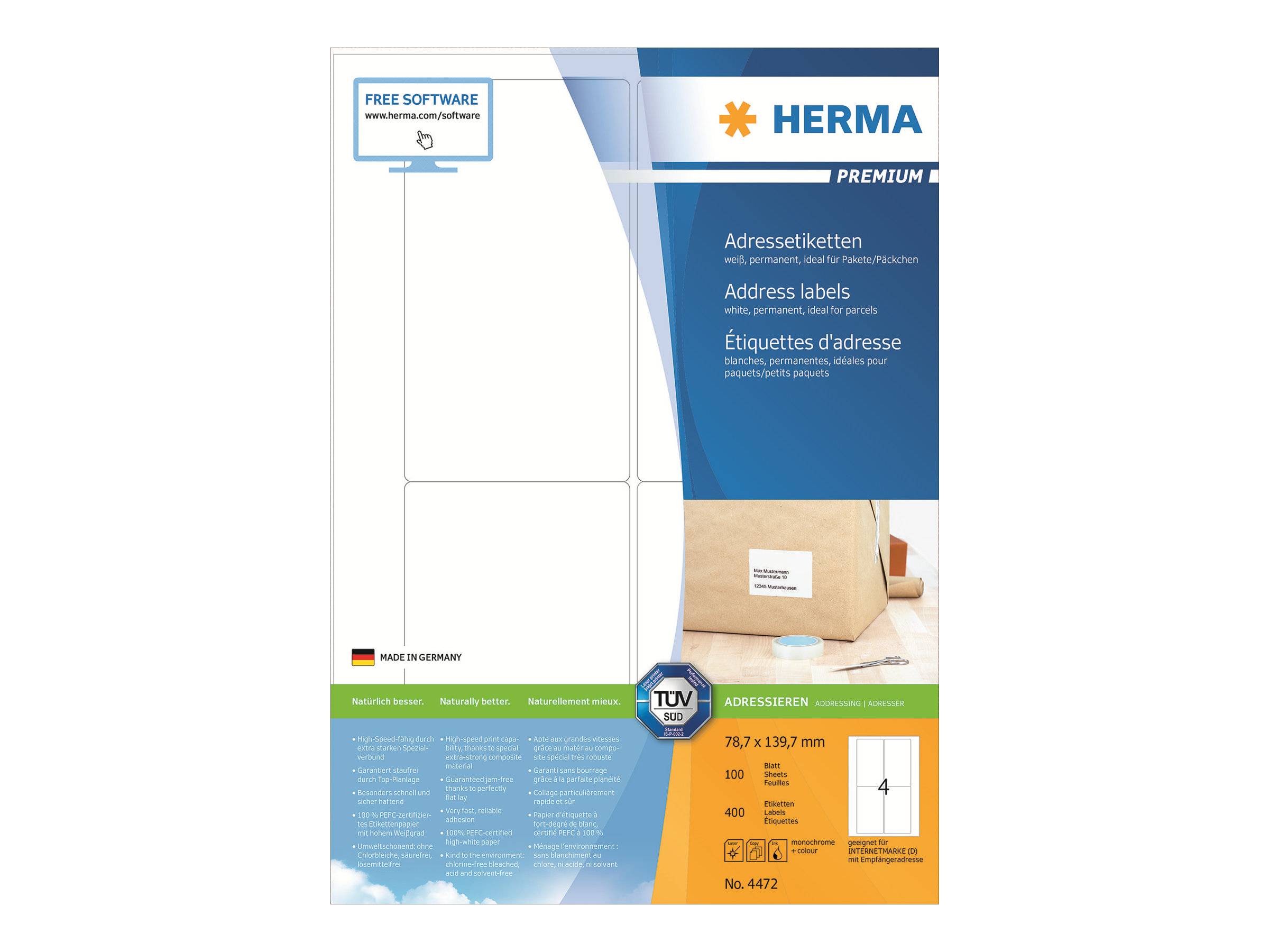Packung HERMA Premium-Adressetiketten mit „KOSTENLOSE SOFTWARE