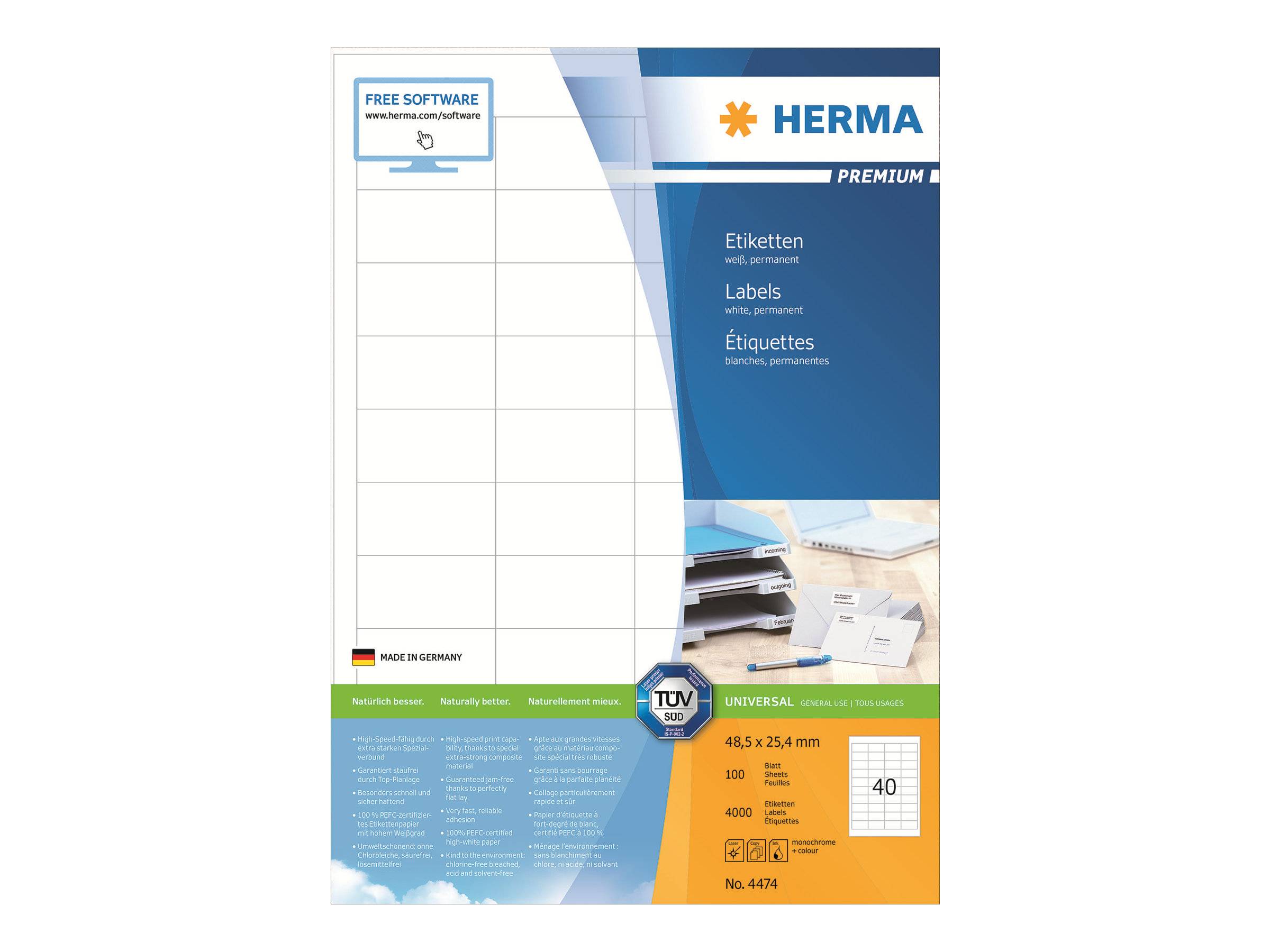 HERMA Premium Universal-Etiketten Verpackung, zeigt leere weiße Etikettenbögen und Produktdetails in mehreren Sprachen.