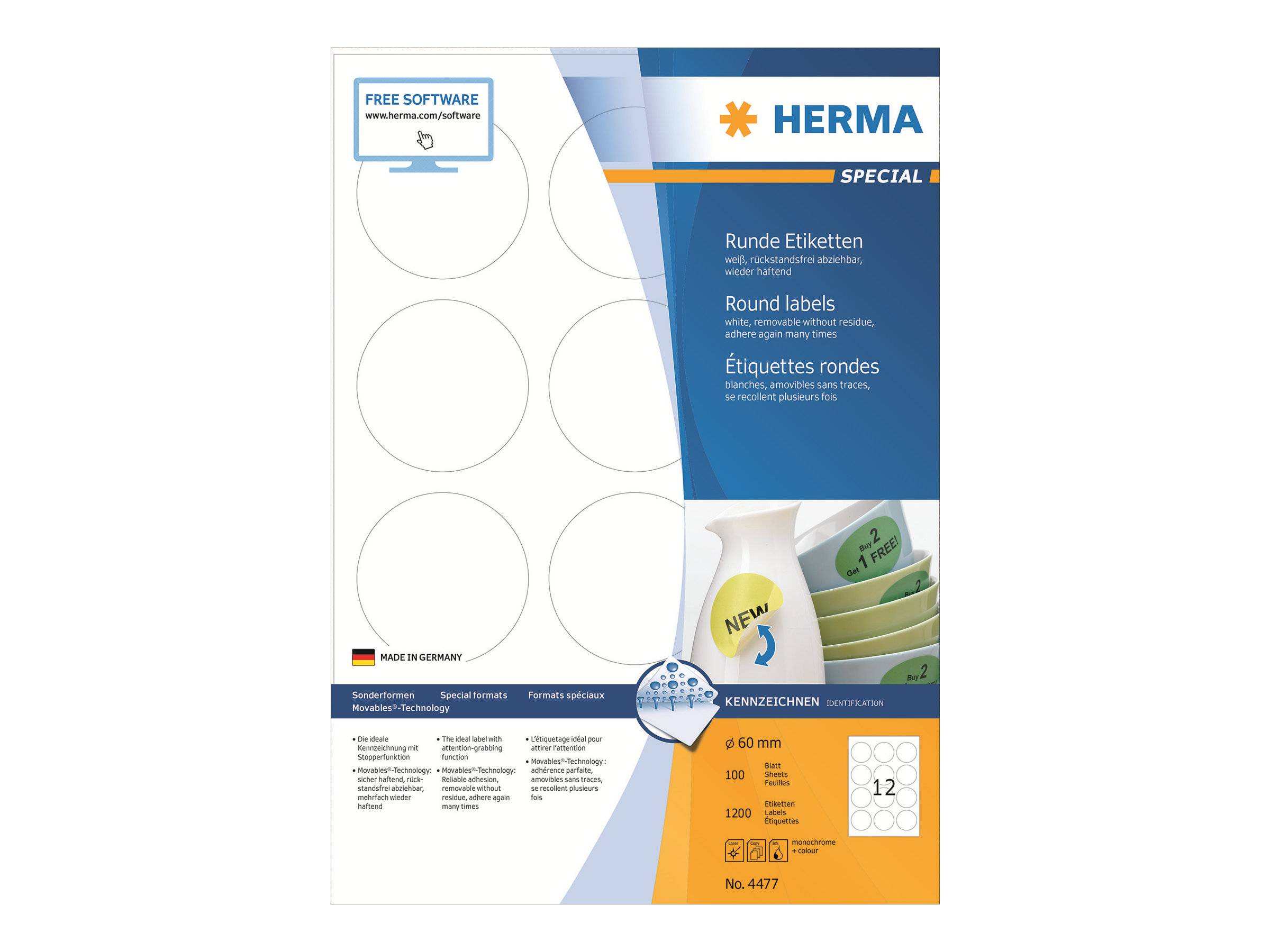 Paket mit HERMA Spezial-Rundeetiketten, zeigt leere zirkuläre Etikettblätter, kostenloses Softwareabzeichen und Produktdetails einschließlich 60 mm und 12 Etiketten pro Blatt.